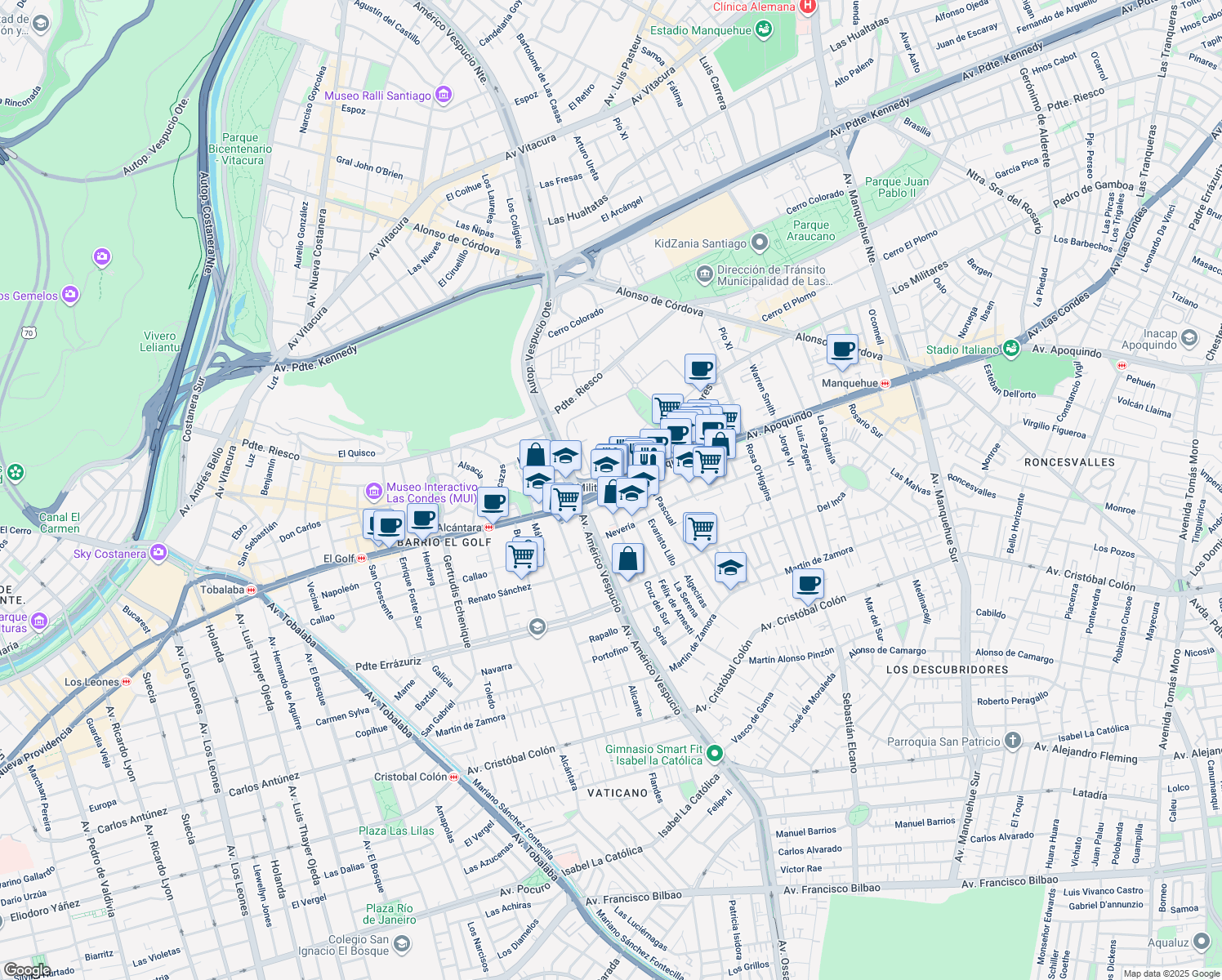 map of restaurants, bars, coffee shops, grocery stores, and more near 4501 Avenida Apoquindo in Santiago
