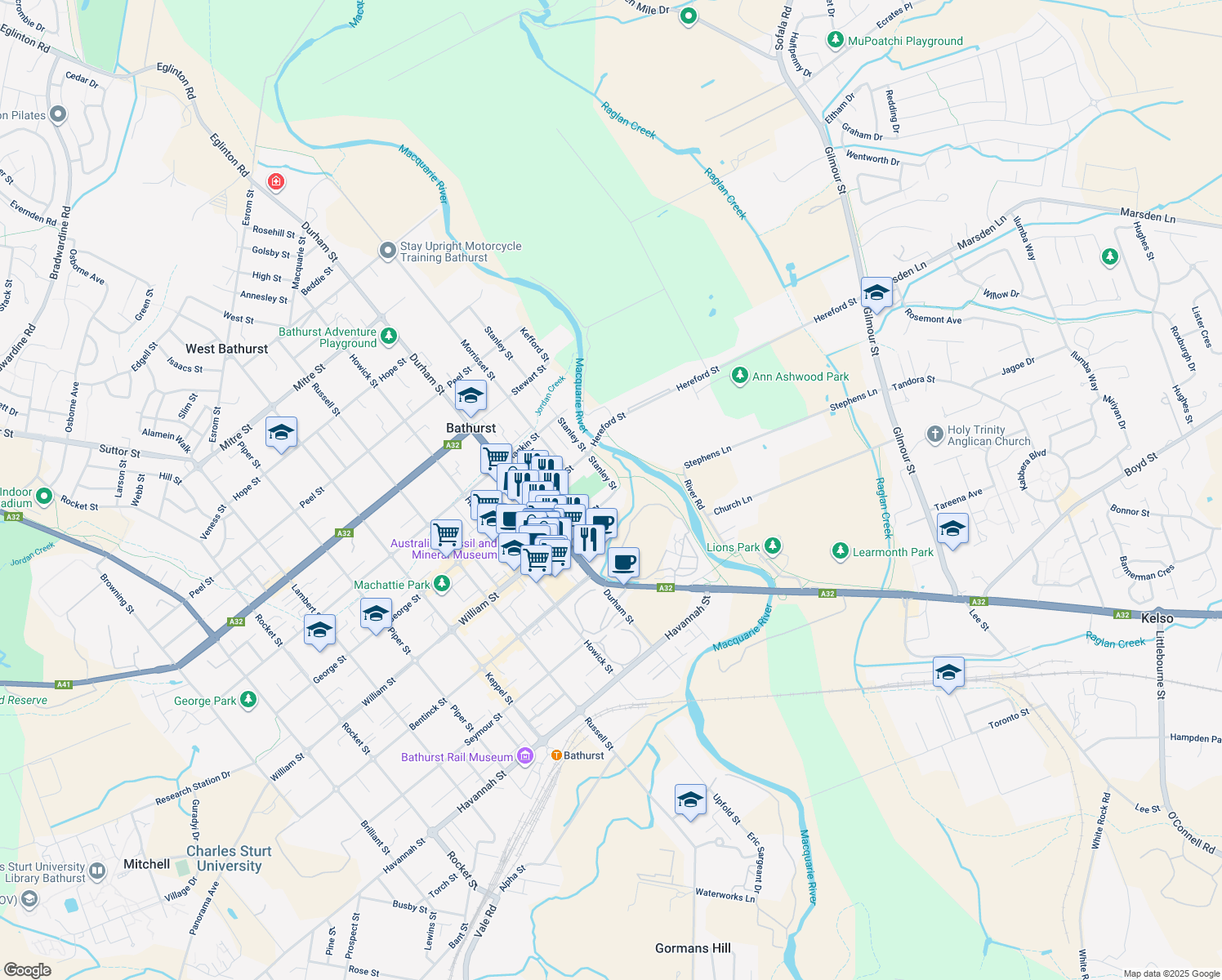 map of restaurants, bars, coffee shops, grocery stores, and more near 2 Stanley Street in Bathurst