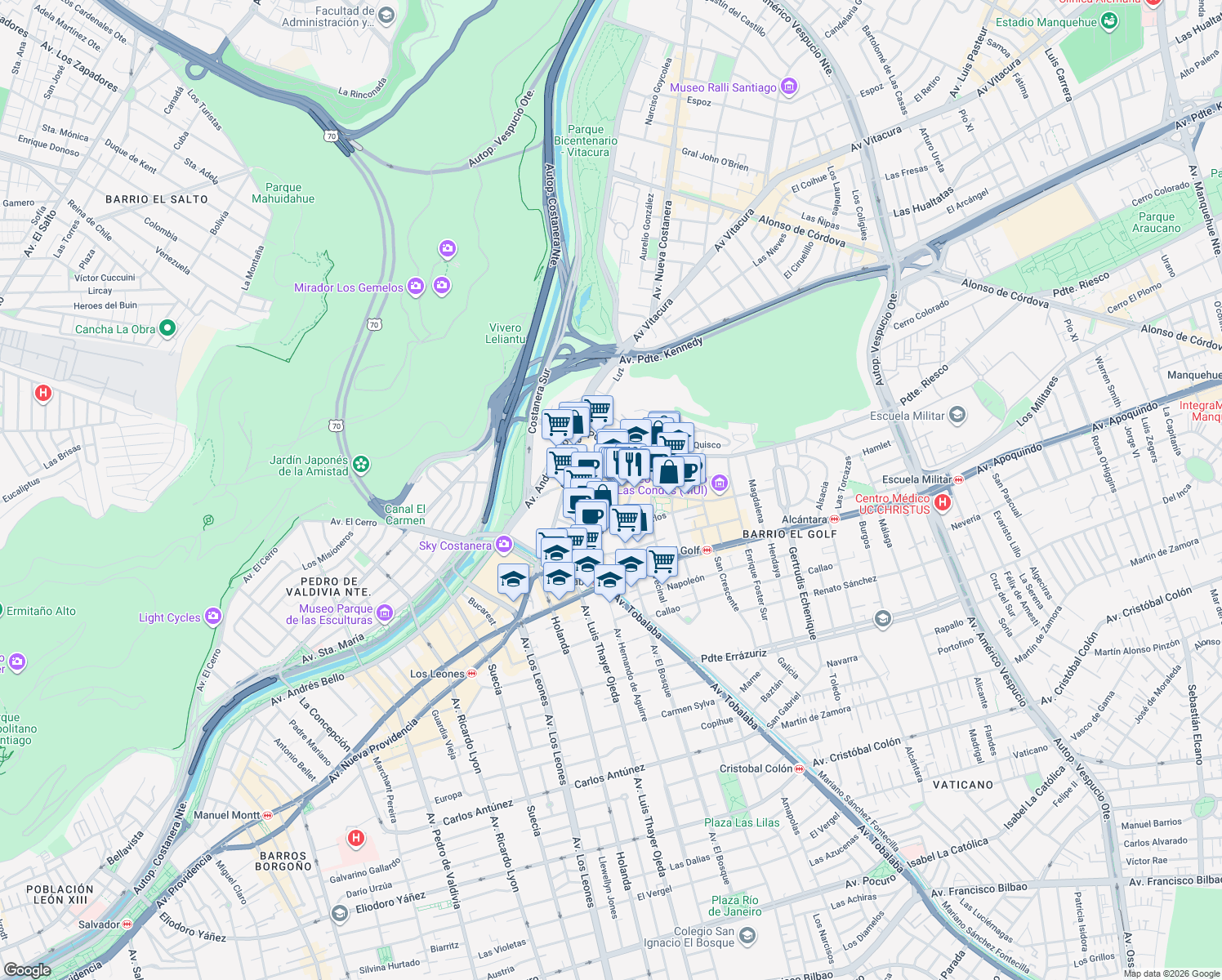 map of restaurants, bars, coffee shops, grocery stores, and more near 2909 Isidora Goyenechea in Las Condes