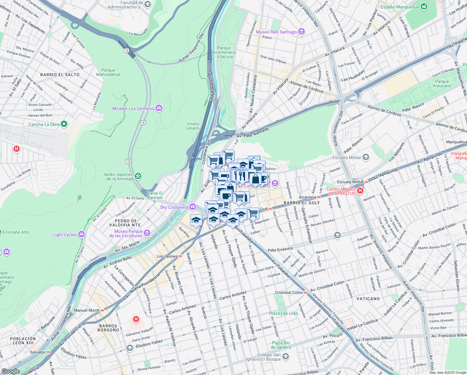map of restaurants, bars, coffee shops, grocery stores, and more near 2909 Isidora Goyenechea in Las Condes