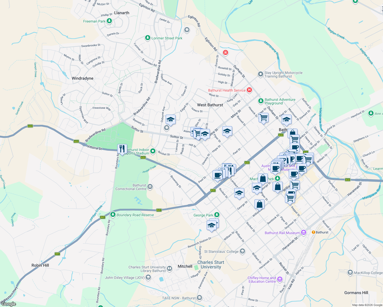 map of restaurants, bars, coffee shops, grocery stores, and more near 18 Parnham Street in West Bathurst