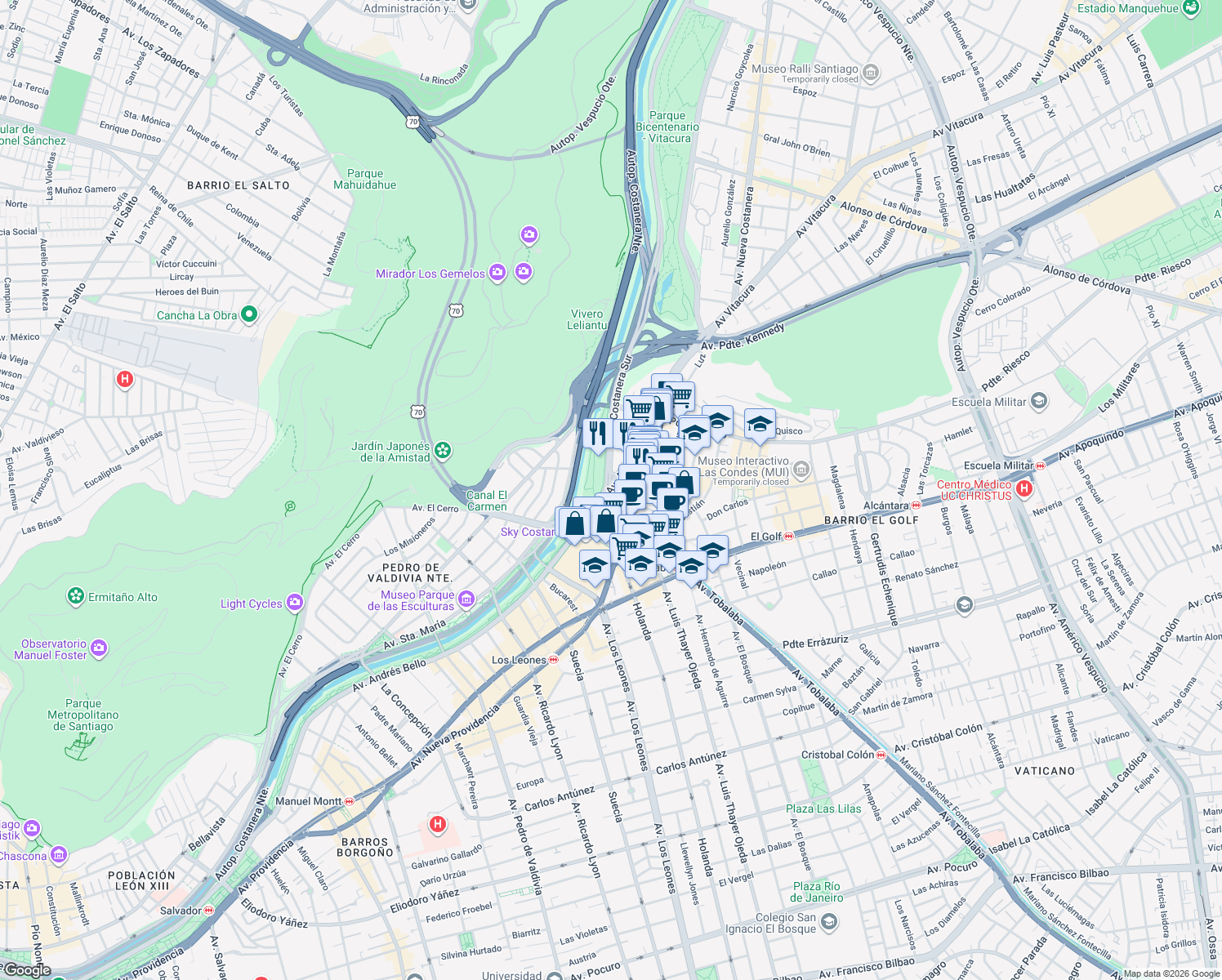map of restaurants, bars, coffee shops, grocery stores, and more near 2782 Andres Bello in Las Condes
