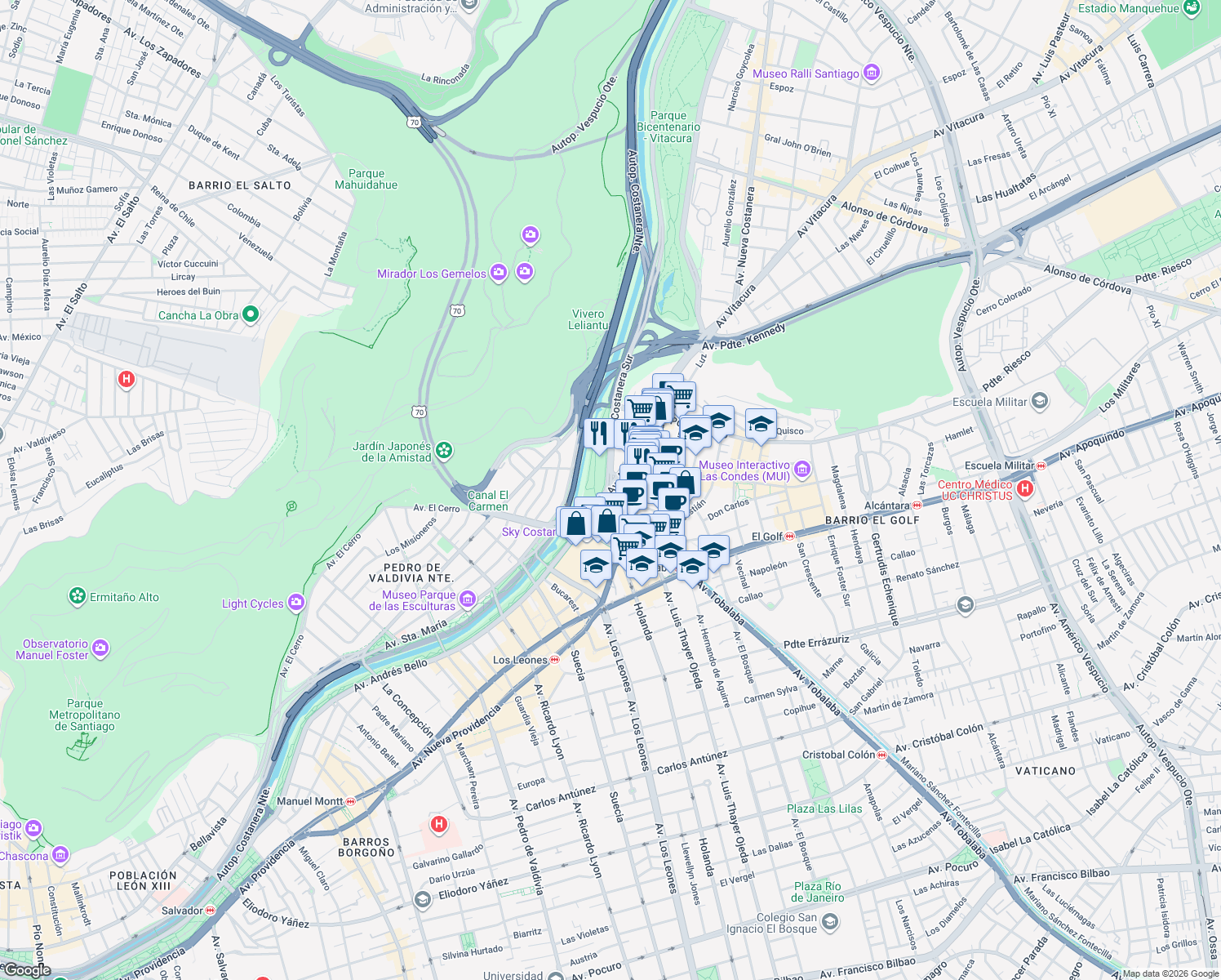 map of restaurants, bars, coffee shops, grocery stores, and more near 2782 Andres Bello in Las Condes