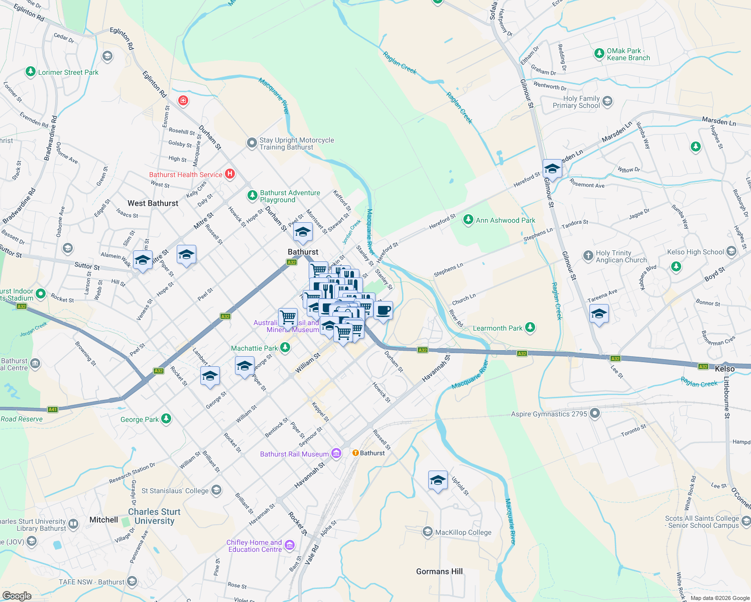 map of restaurants, bars, coffee shops, grocery stores, and more near 21 William Street in Bathurst