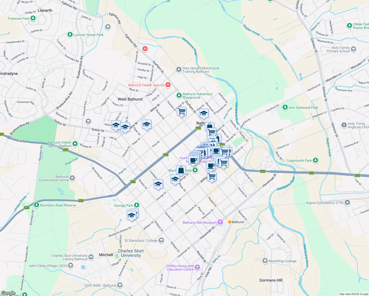 map of restaurants, bars, coffee shops, grocery stores, and more near 212 Russell Street in Bathurst
