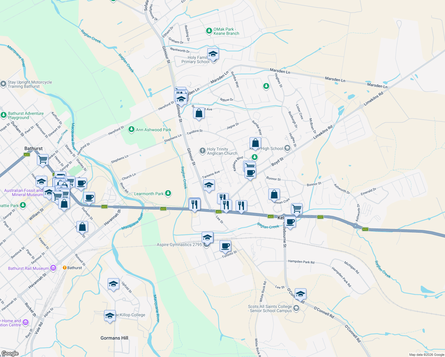 map of restaurants, bars, coffee shops, grocery stores, and more near 10 Uralla Circuit in Kelso