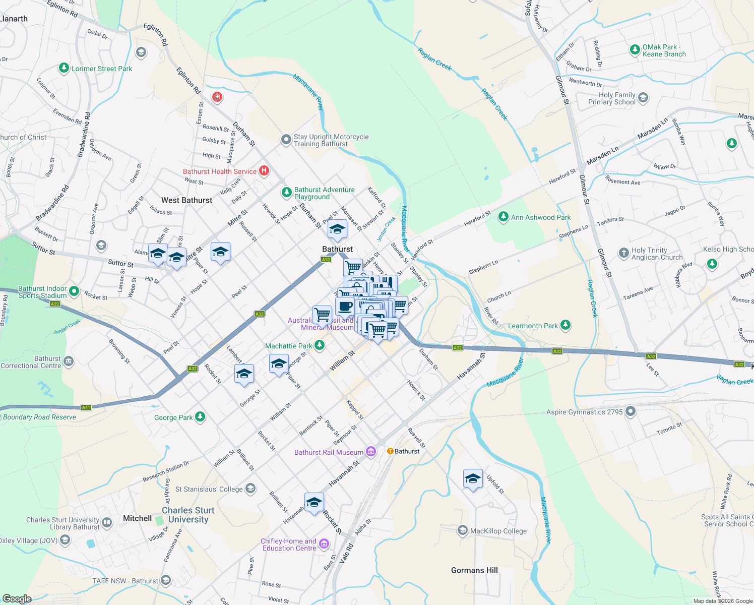 map of restaurants, bars, coffee shops, grocery stores, and more near 60 Durham Street in Bathurst