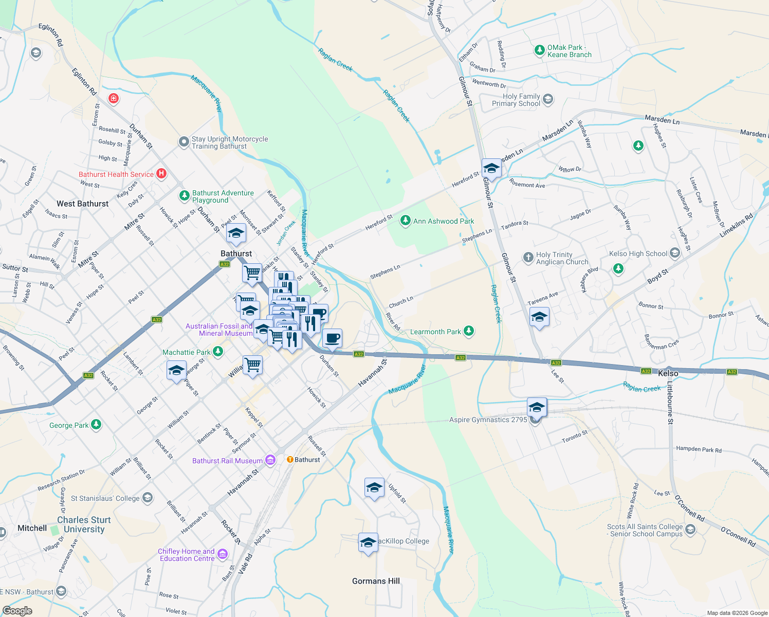 map of restaurants, bars, coffee shops, grocery stores, and more near River Road in Kelso