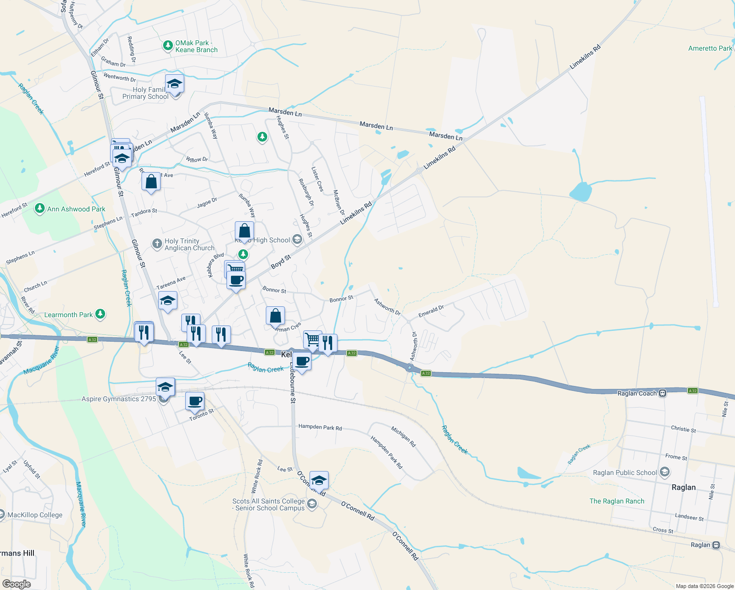 map of restaurants, bars, coffee shops, grocery stores, and more near 82 Bonnor Street in Kelso
