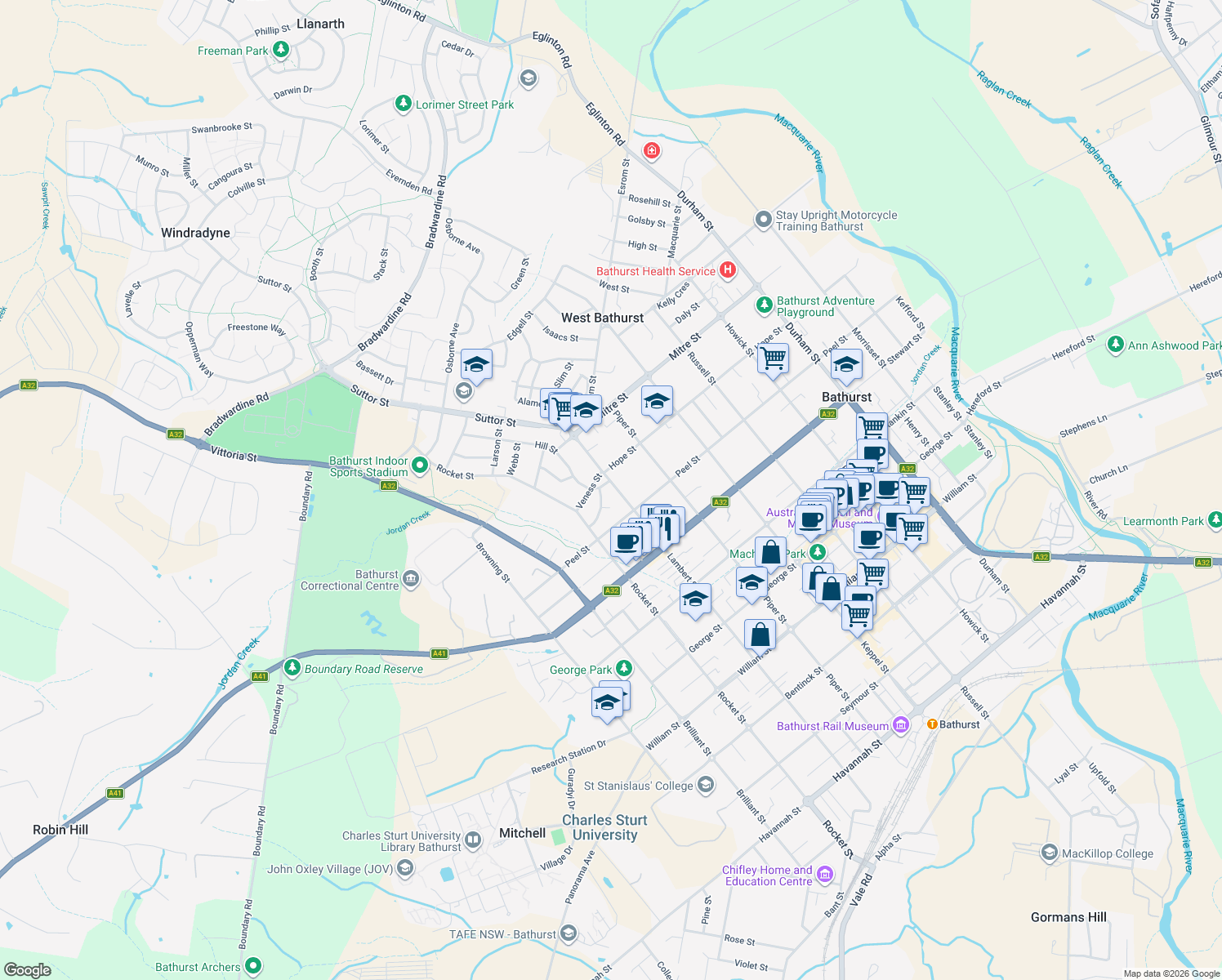 map of restaurants, bars, coffee shops, grocery stores, and more near 258 Lambert Street in West Bathurst