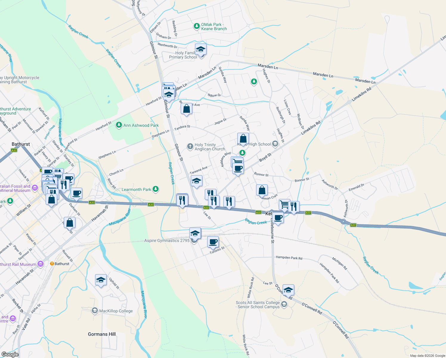 map of restaurants, bars, coffee shops, grocery stores, and more near 9 Alpugi Place in Kelso
