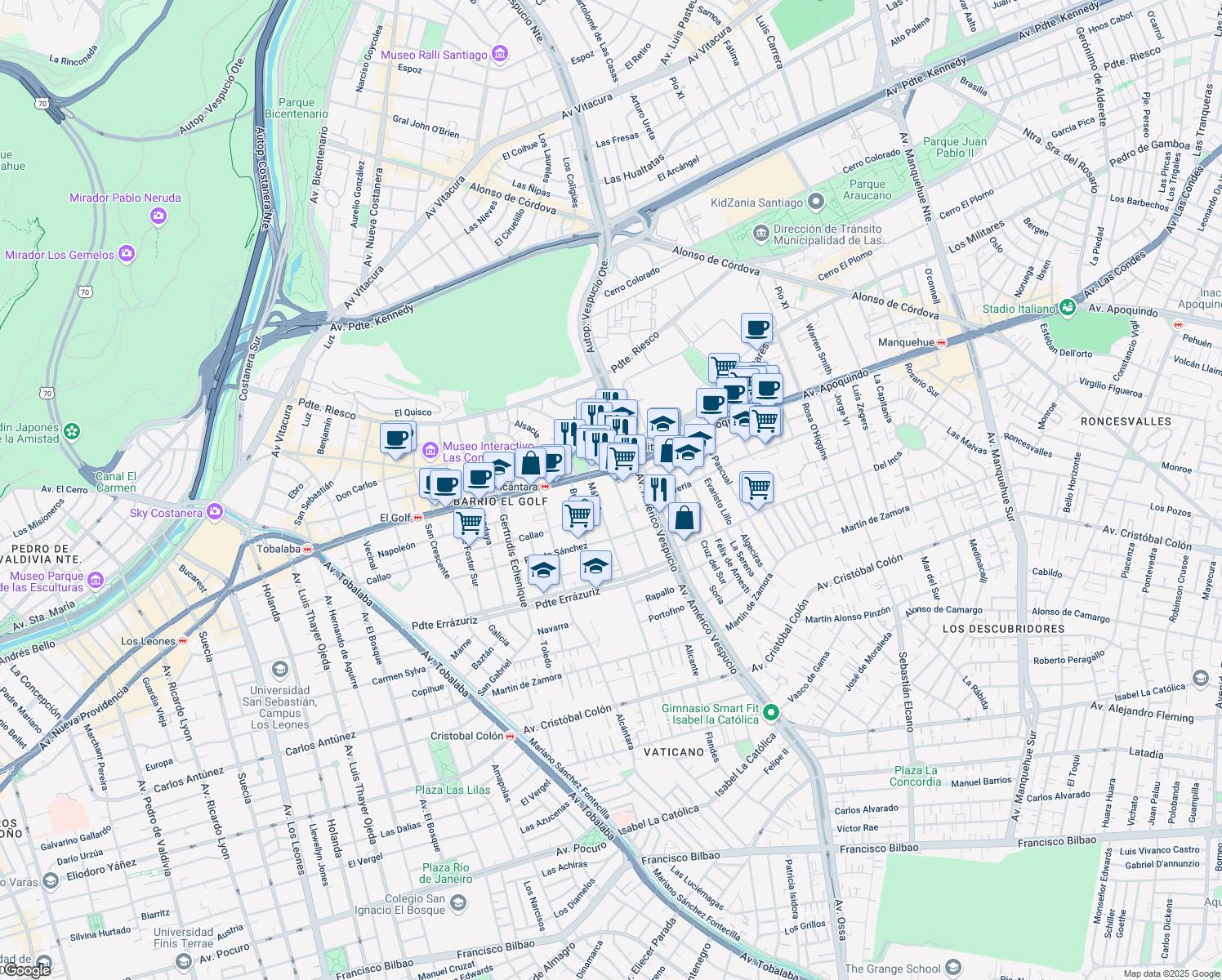 map of restaurants, bars, coffee shops, grocery stores, and more near 77 Asturias in Santiago