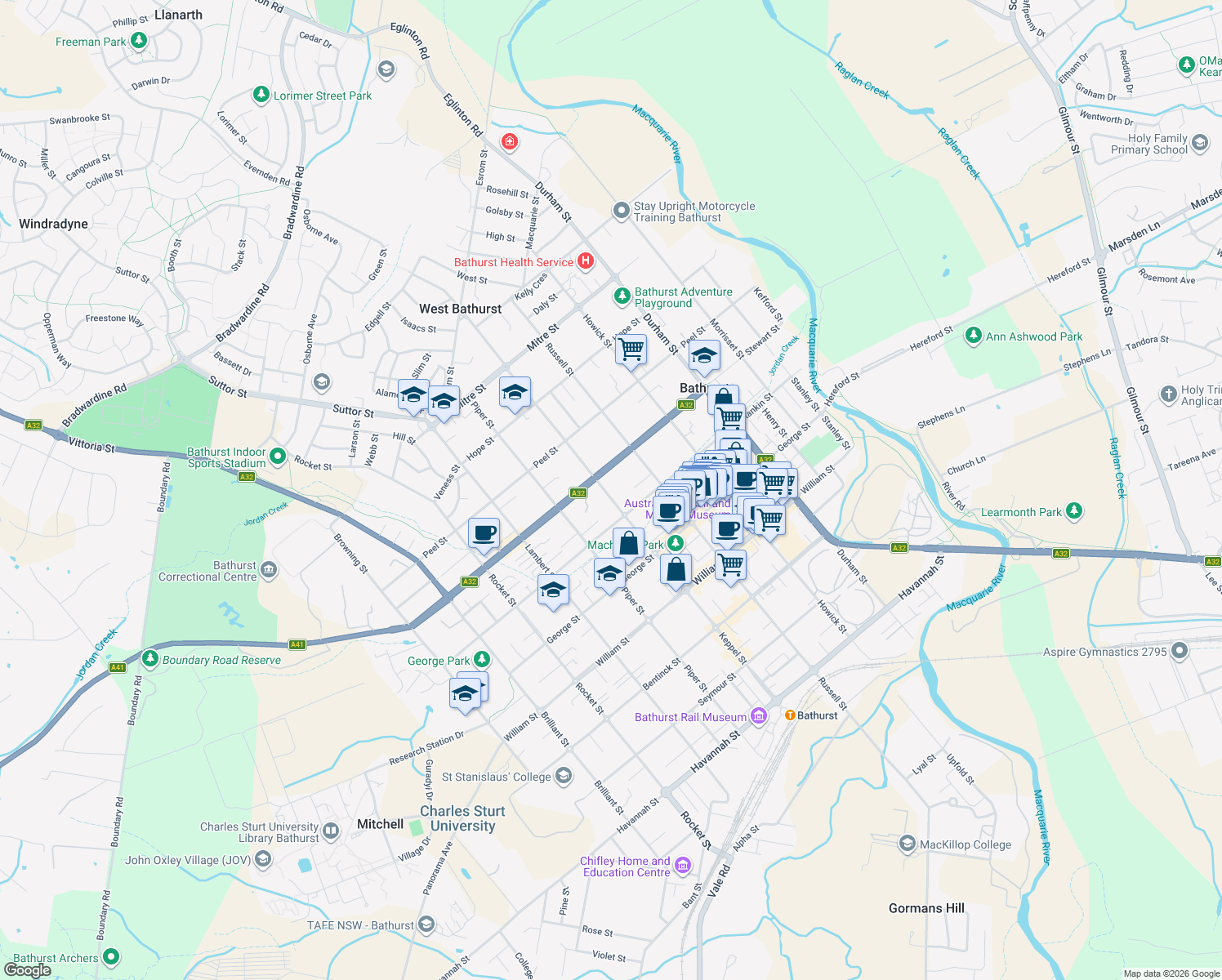 map of restaurants, bars, coffee shops, grocery stores, and more near 175 Keppel Street in Bathurst