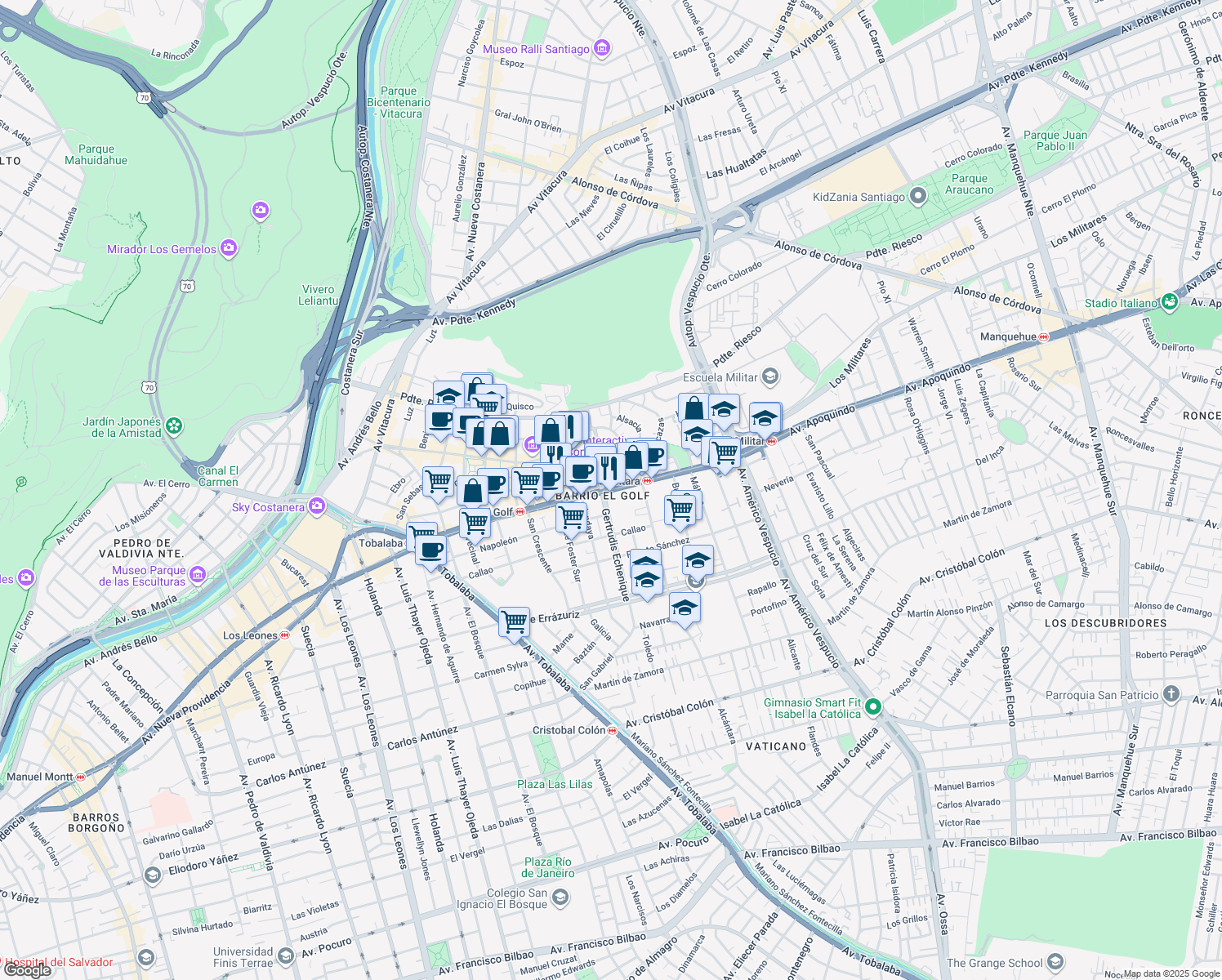 map of restaurants, bars, coffee shops, grocery stores, and more near 3721 Apoquindo in Santiago
