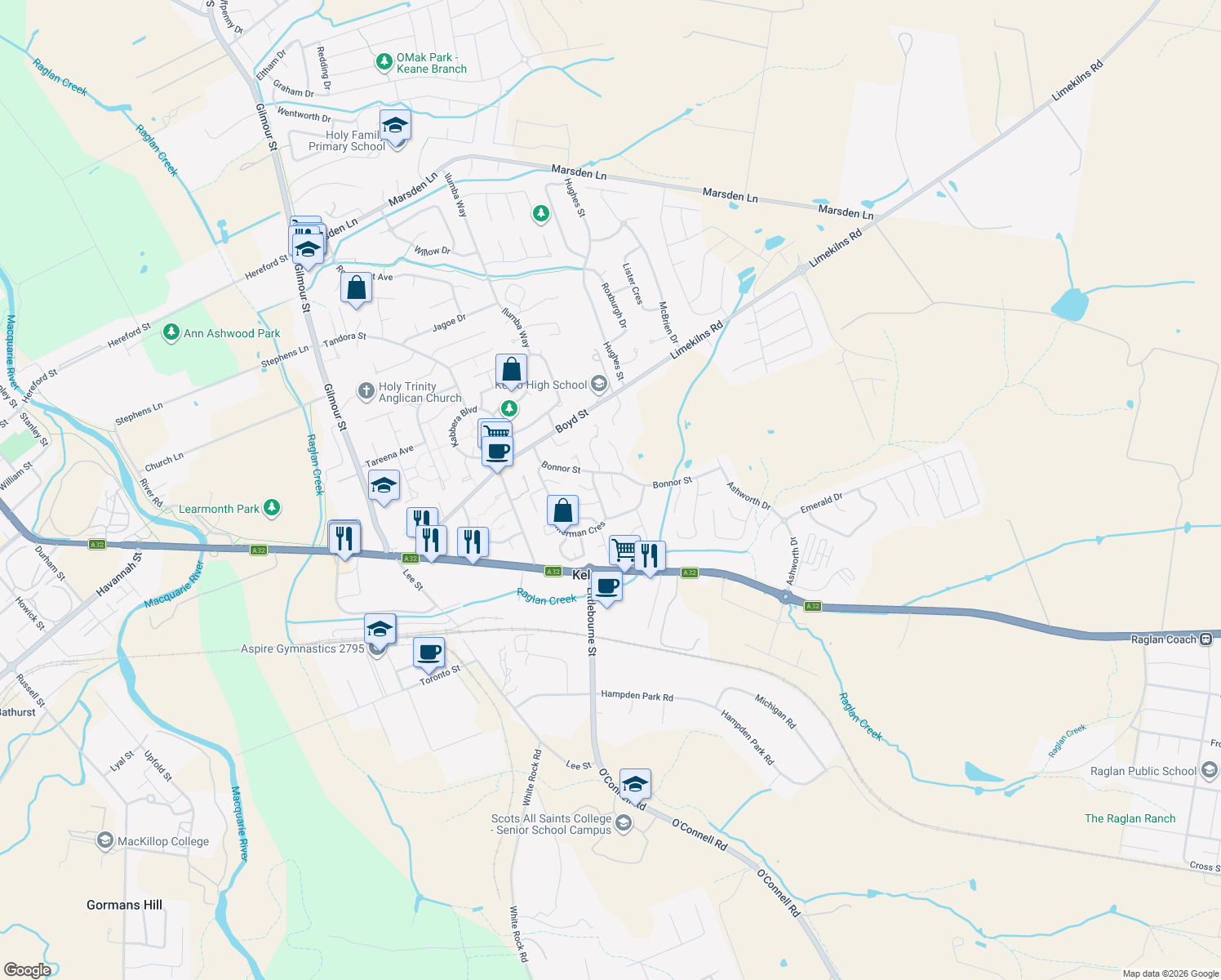 map of restaurants, bars, coffee shops, grocery stores, and more near 6 Bouffler Close in Kelso