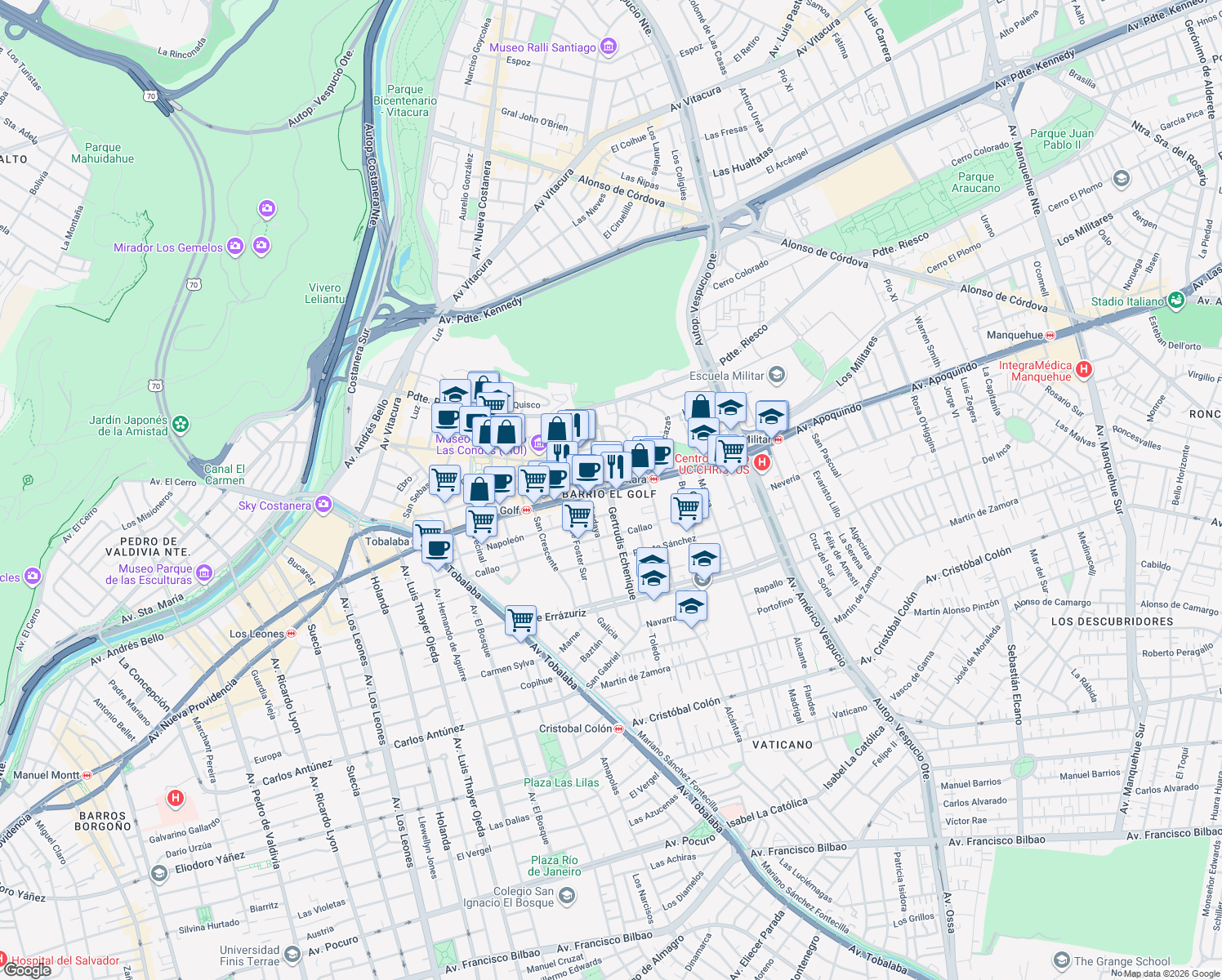 map of restaurants, bars, coffee shops, grocery stores, and more near 3721 Apoquindo in Santiago