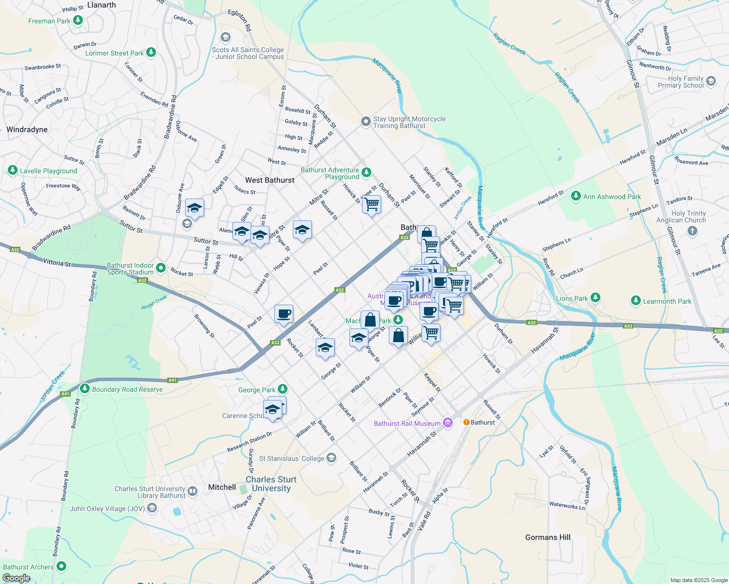 map of restaurants, bars, coffee shops, grocery stores, and more near 163 Keppel Street in Bathurst
