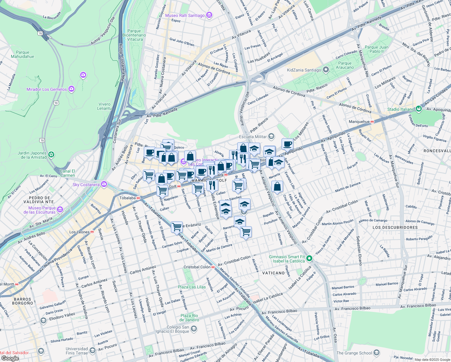 map of restaurants, bars, coffee shops, grocery stores, and more near 99 Alcántara in Santiago