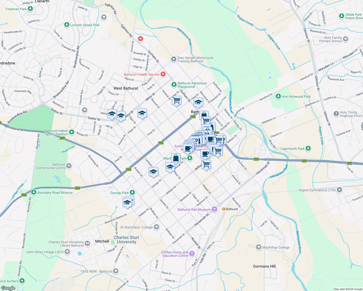 map of restaurants, bars, coffee shops, grocery stores, and more near 150 Rankin Street in Bathurst