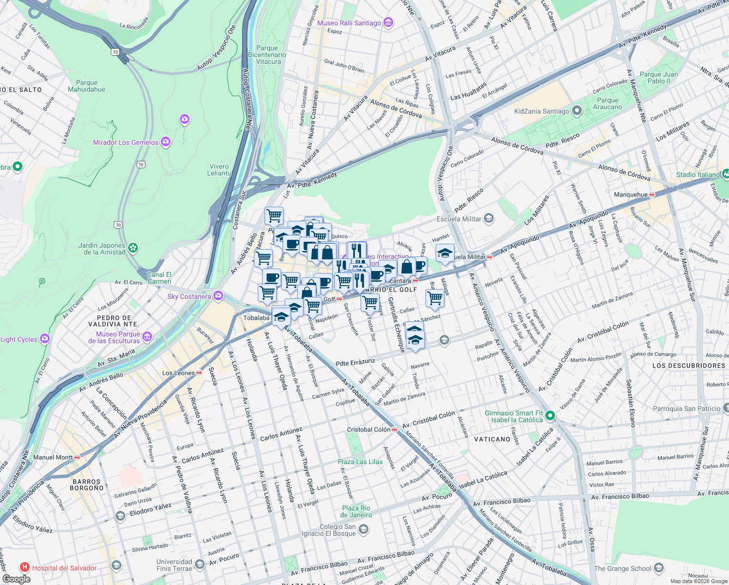map of restaurants, bars, coffee shops, grocery stores, and more near 3468 Apoquindo in Las Condes
