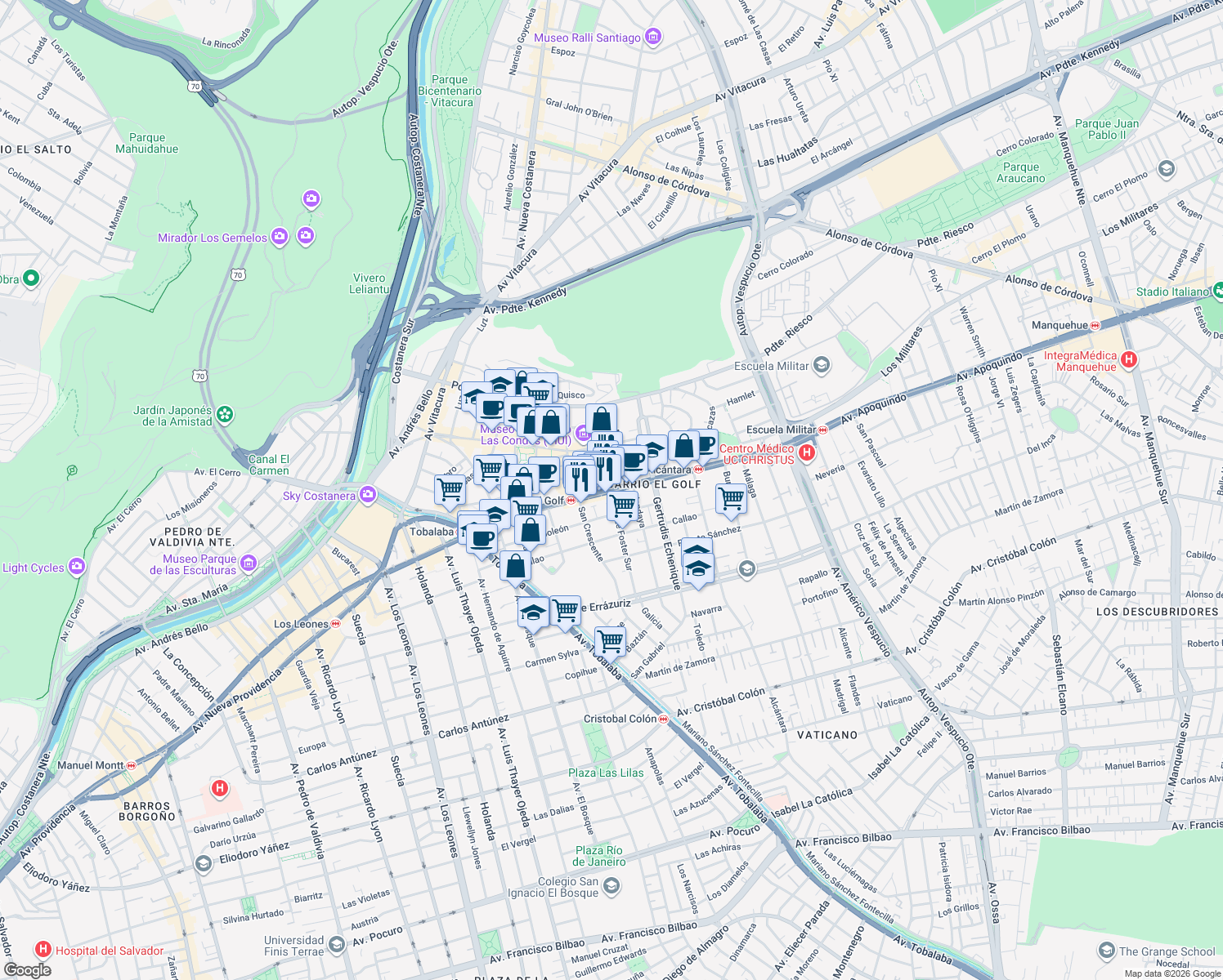 map of restaurants, bars, coffee shops, grocery stores, and more near 3468 Apoquindo in Las Condes