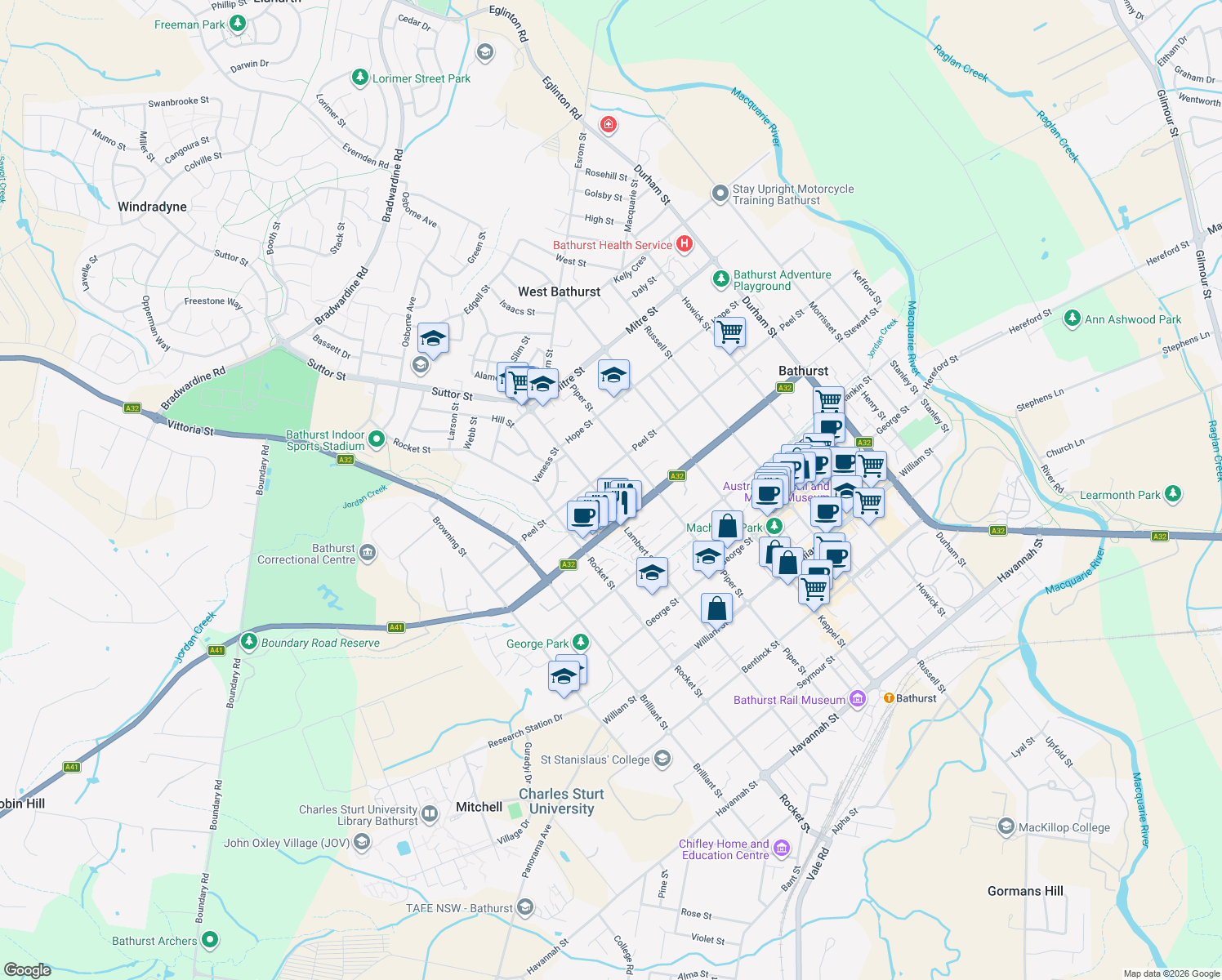 map of restaurants, bars, coffee shops, grocery stores, and more near 277 Lambert Street in Bathurst