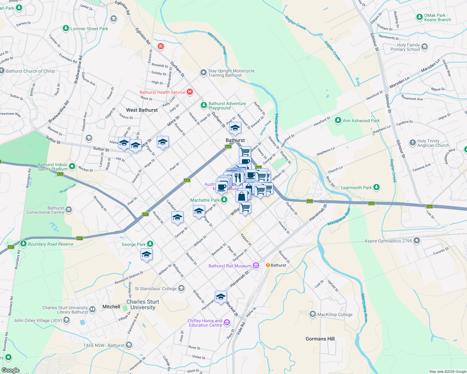map of restaurants, bars, coffee shops, grocery stores, and more near 141 George Street in Bathurst