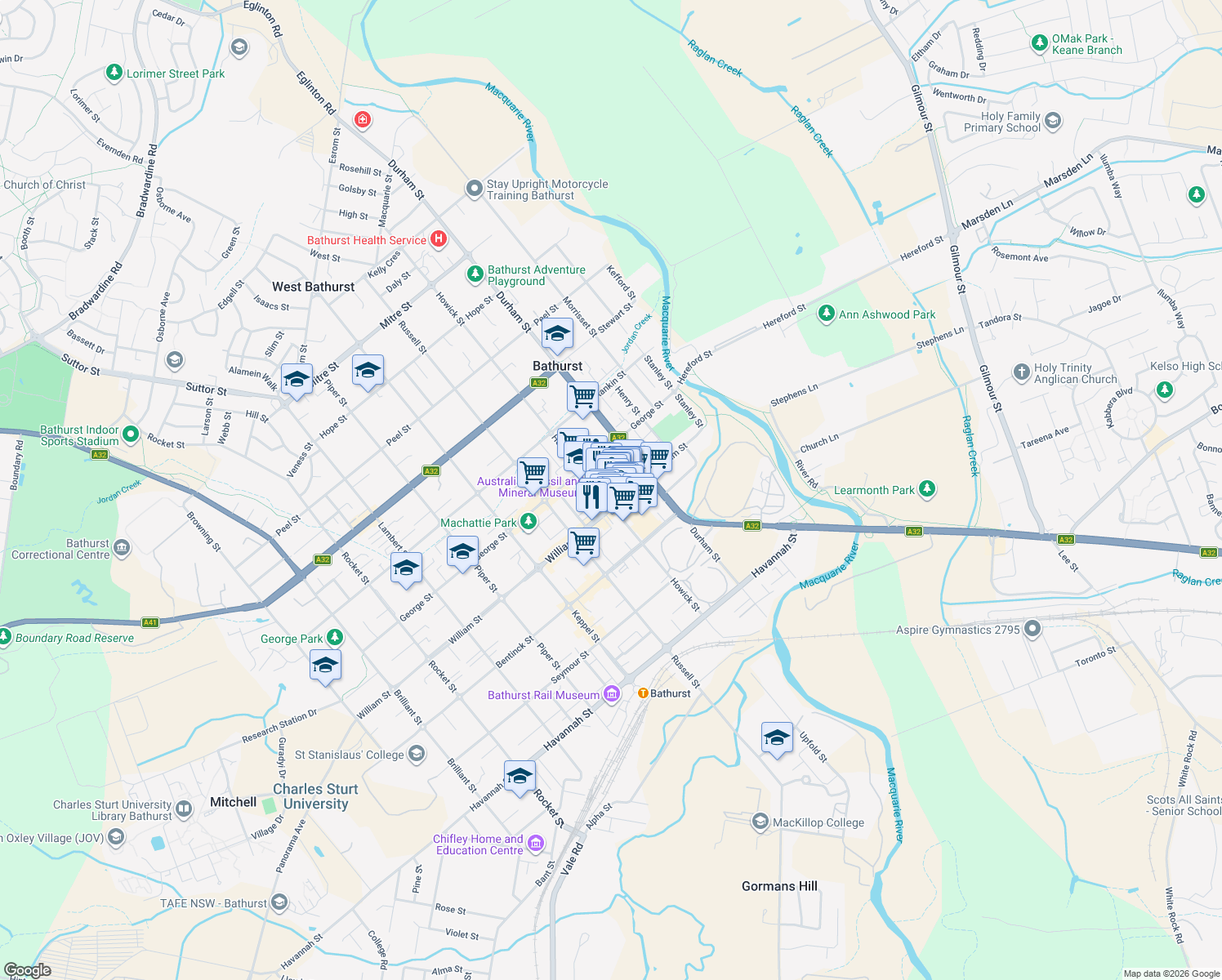 map of restaurants, bars, coffee shops, grocery stores, and more near 165 Howick Street in Bathurst