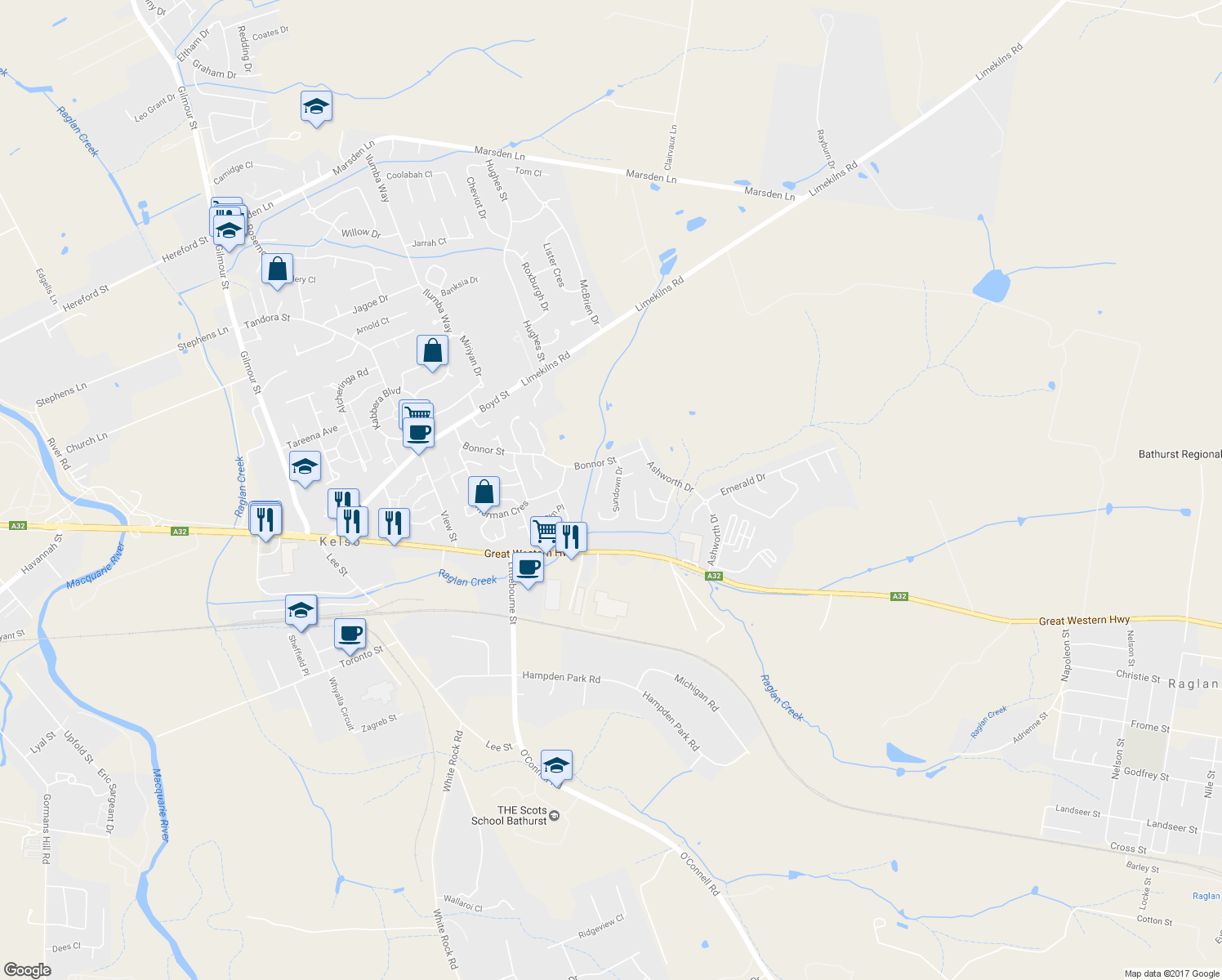 map of restaurants, bars, coffee shops, grocery stores, and more near 13 Sundown Drive in Kelso