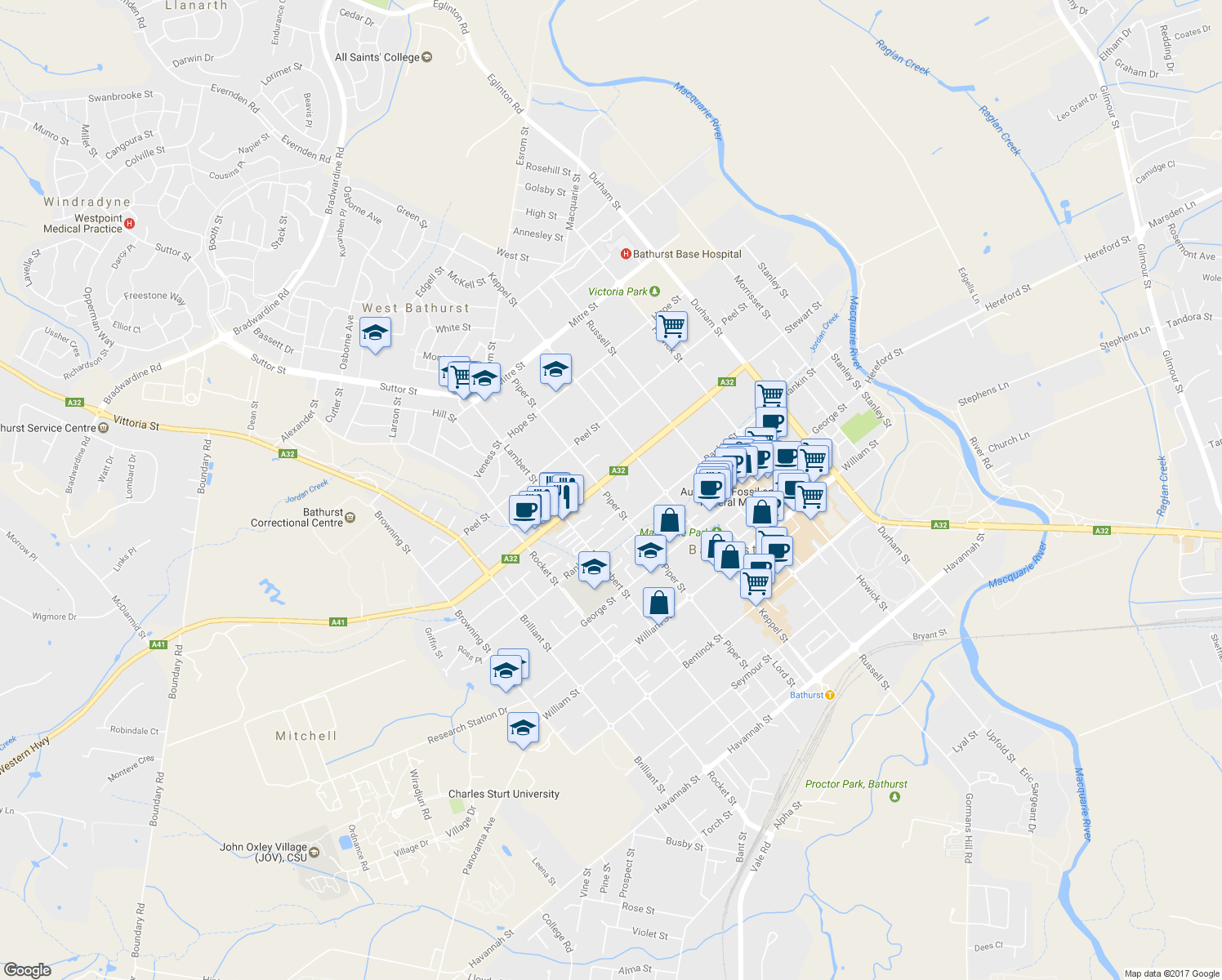 map of restaurants, bars, coffee shops, grocery stores, and more near 215 Piper Street in Bathurst