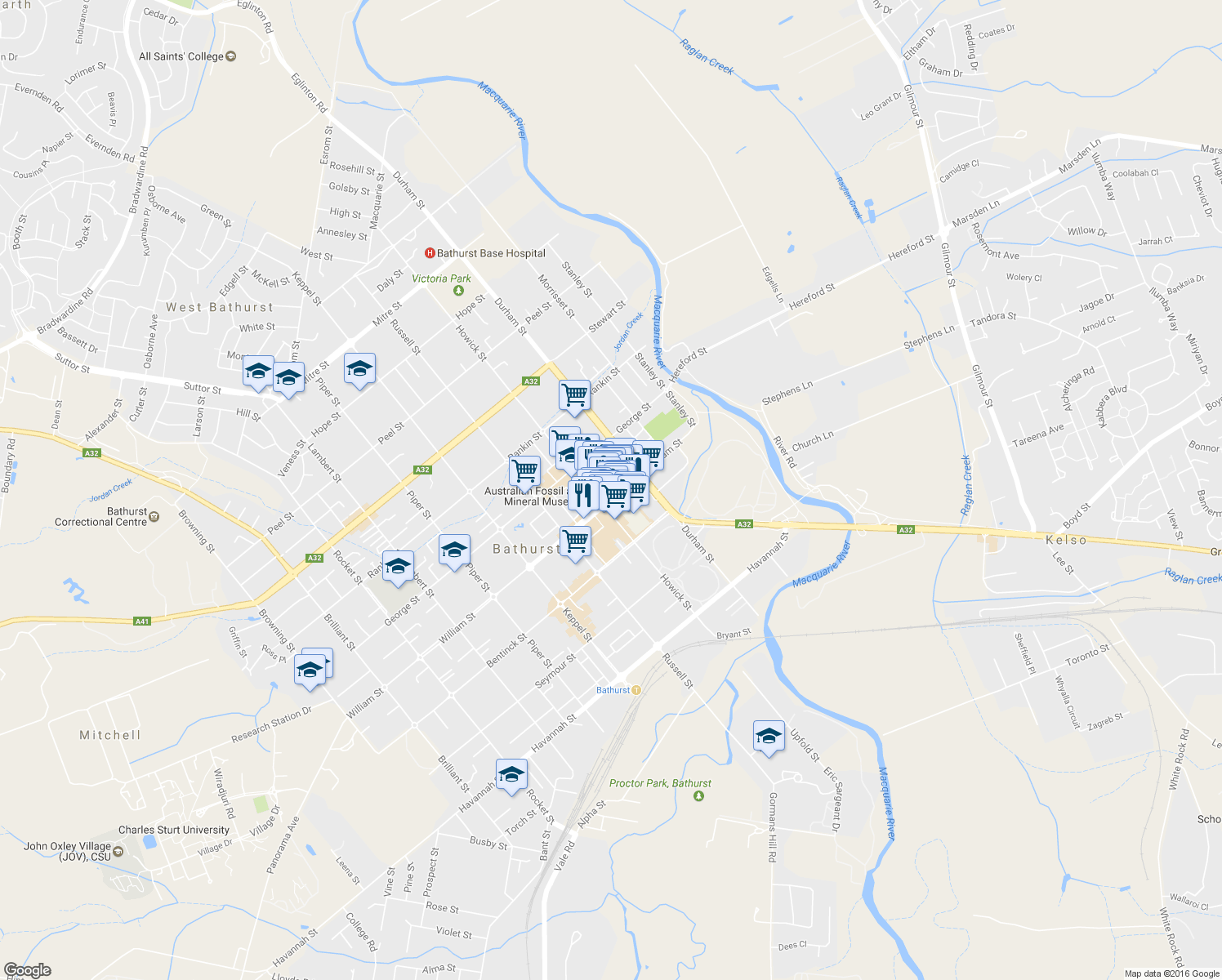 map of restaurants, bars, coffee shops, grocery stores, and more near 57-61 William Street in Bathurst