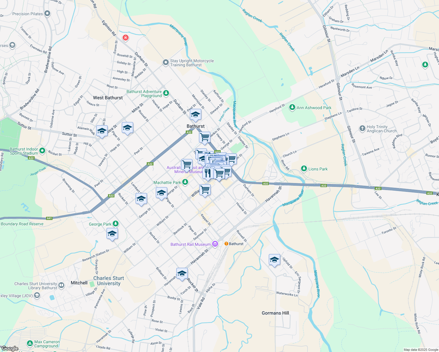 map of restaurants, bars, coffee shops, grocery stores, and more near in Bathurst