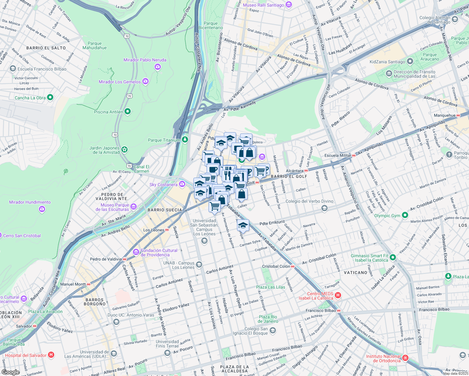 map of restaurants, bars, coffee shops, grocery stores, and more near 2926 Avenida Apoquindo in Las Condes