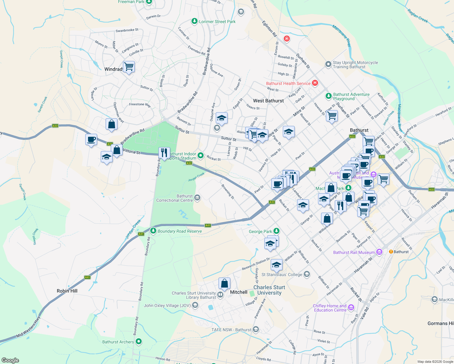 map of restaurants, bars, coffee shops, grocery stores, and more near 62 Vittoria Street in Mitchell