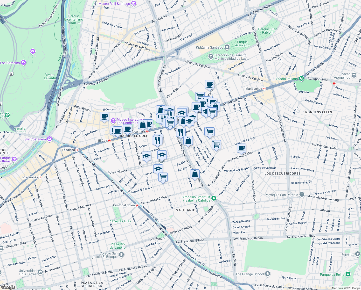 map of restaurants, bars, coffee shops, grocery stores, and more near 345 Avenida Américo Vespucio Sur in Las Condes