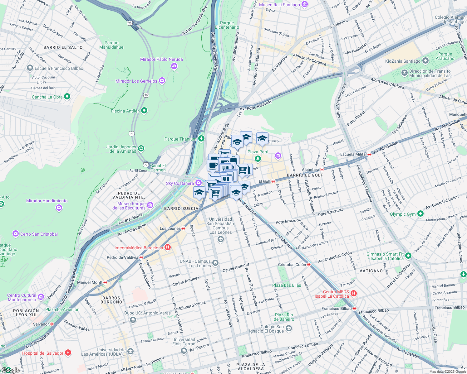map of restaurants, bars, coffee shops, grocery stores, and more near 65 Encomenderos in Las Condes