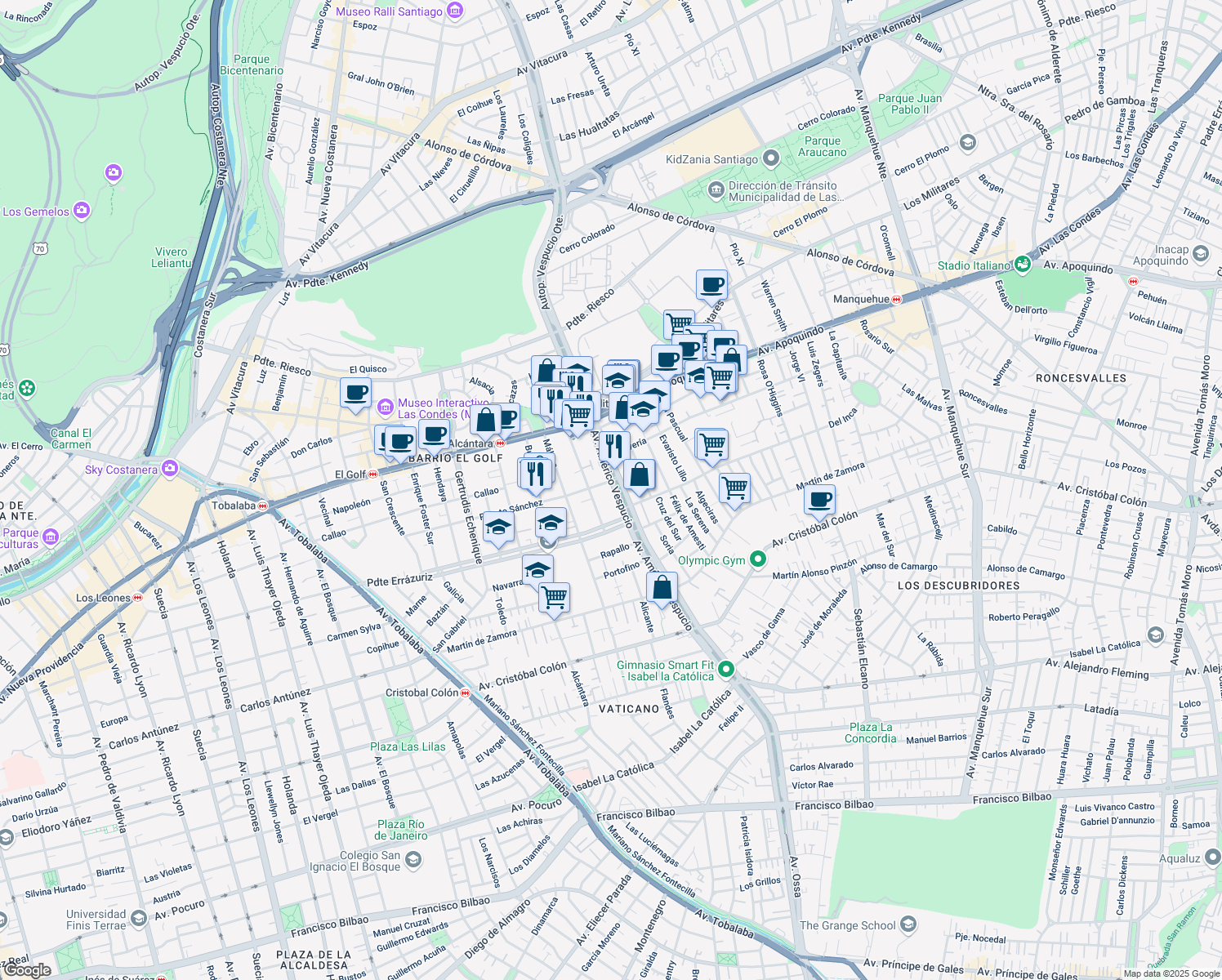 map of restaurants, bars, coffee shops, grocery stores, and more near 345 Avenida Américo Vespucio Sur in Las Condes
