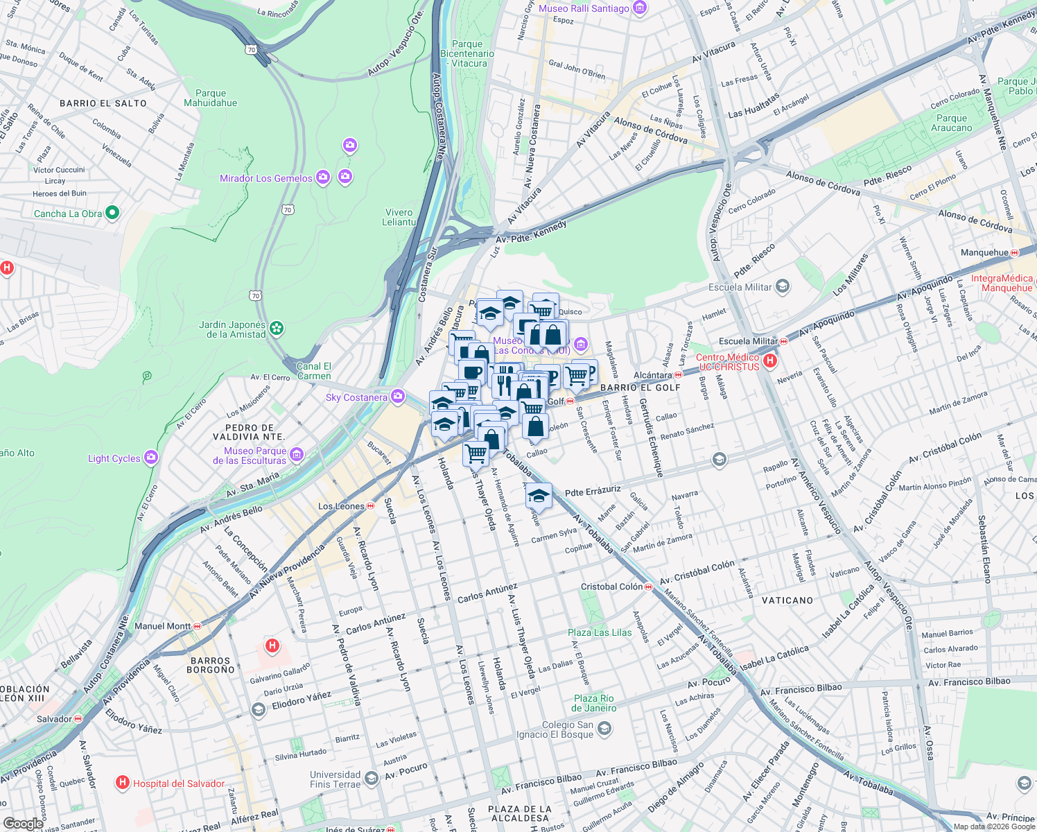 map of restaurants, bars, coffee shops, grocery stores, and more near 2926 Avenida Apoquindo in Las Condes