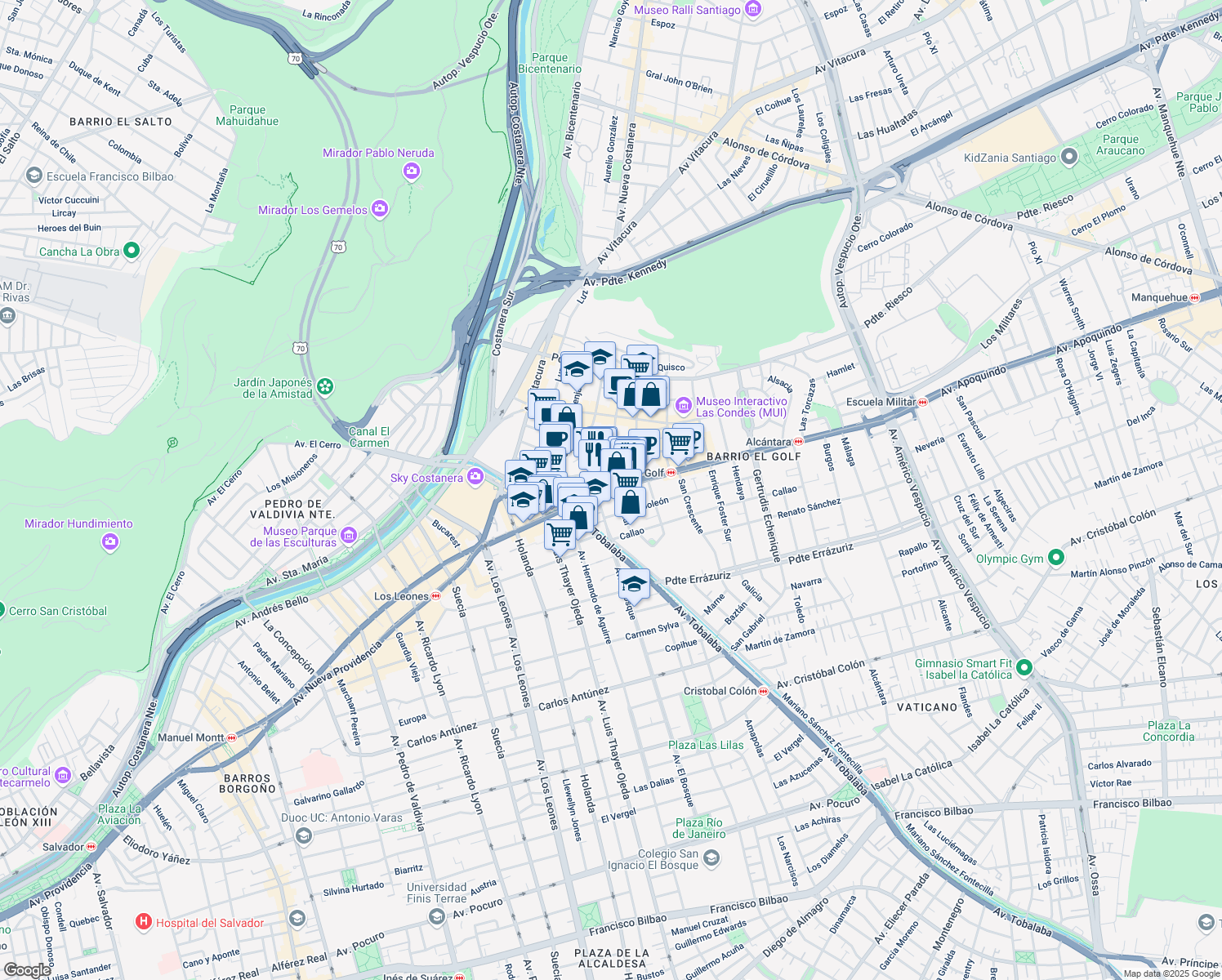 map of restaurants, bars, coffee shops, grocery stores, and more near 2929 Apoquindo in Santiago