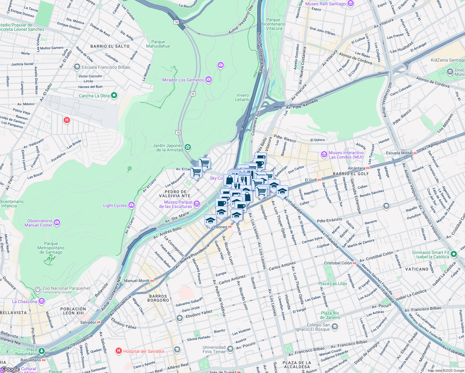 map of restaurants, bars, coffee shops, grocery stores, and more near 2465 Andrés Bello in Santiago