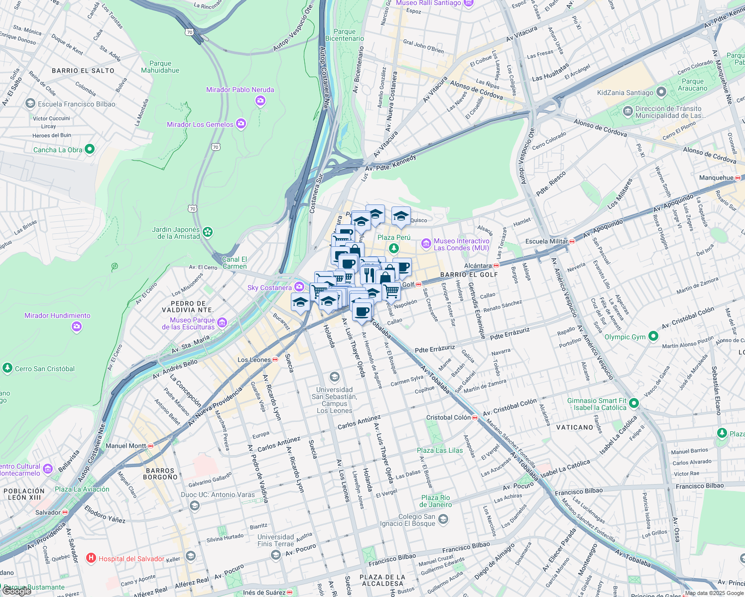 map of restaurants, bars, coffee shops, grocery stores, and more near 2827 Apoquindo in Santiago