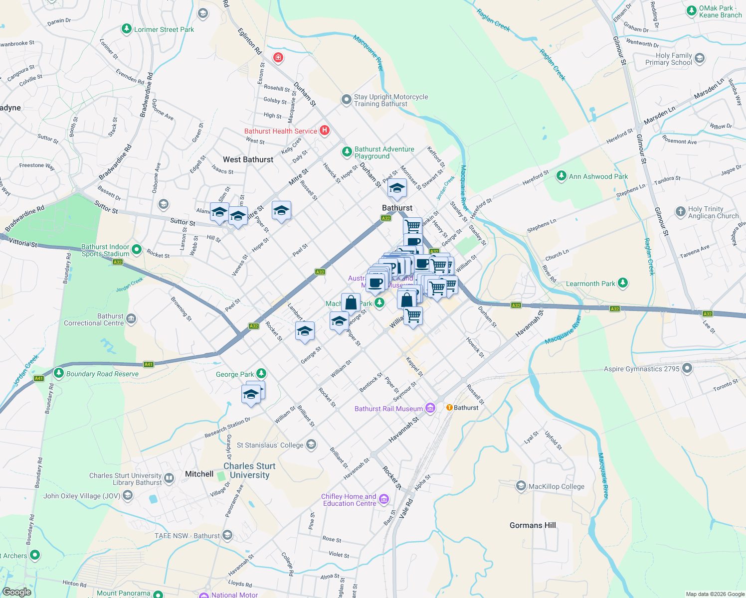 map of restaurants, bars, coffee shops, grocery stores, and more near 189 George Street in Bathurst