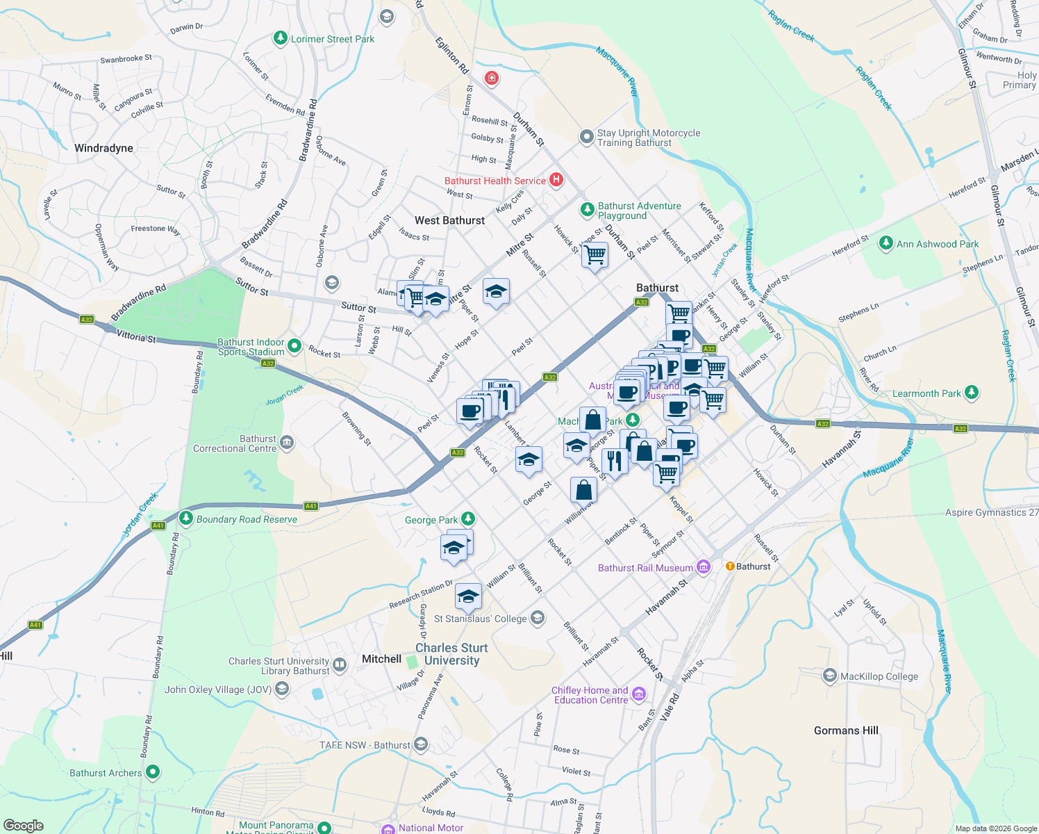 map of restaurants, bars, coffee shops, grocery stores, and more near 239 Lambert Street in Bathurst