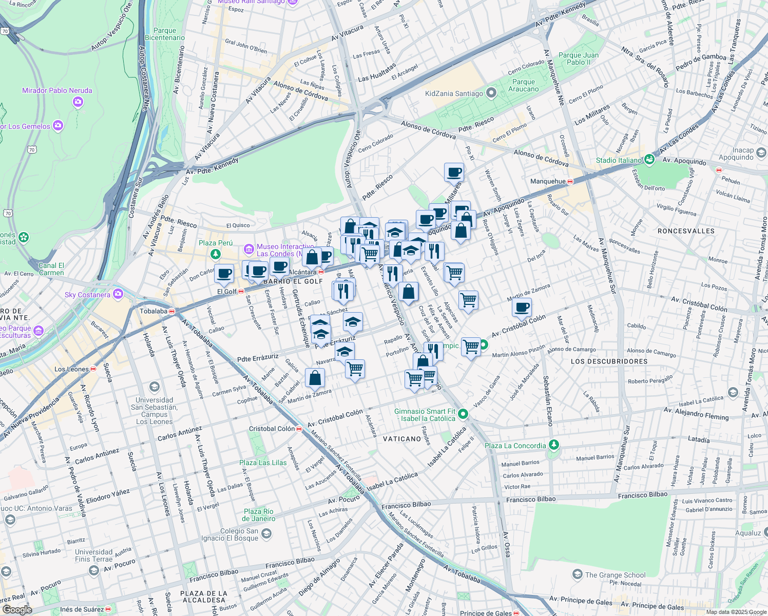 map of restaurants, bars, coffee shops, grocery stores, and more near 350 Asturias in Las Condes