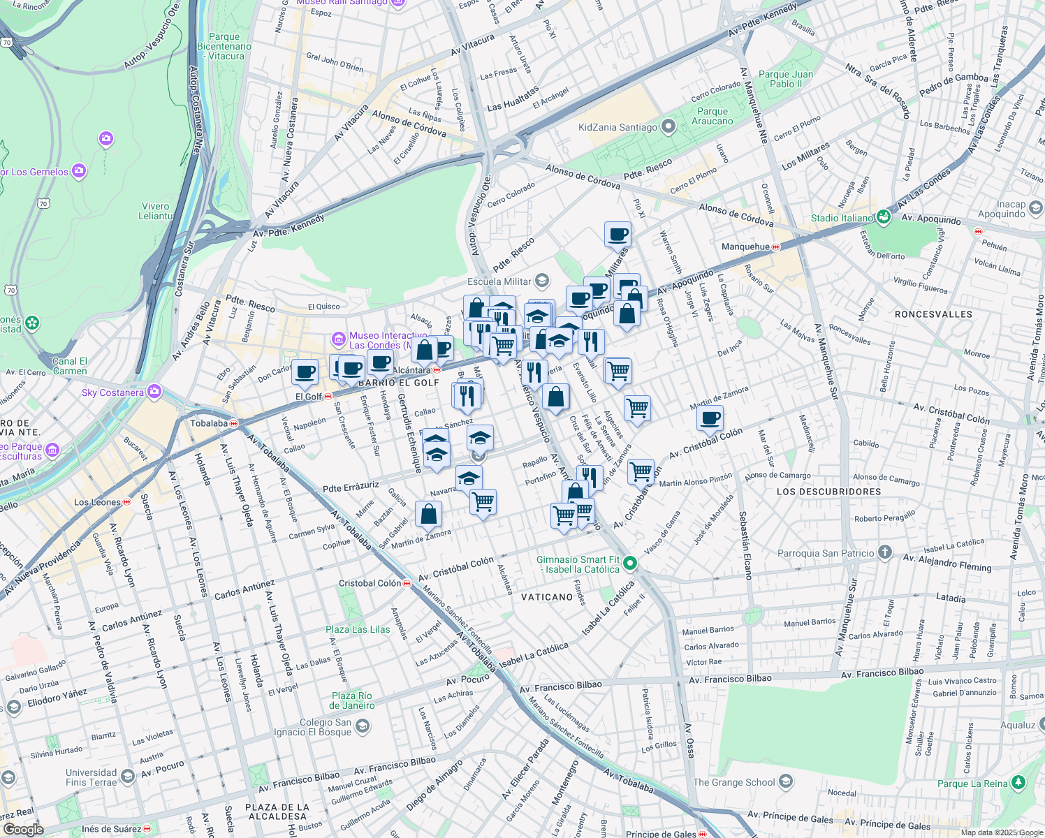 map of restaurants, bars, coffee shops, grocery stores, and more near 350 Asturias in Las Condes