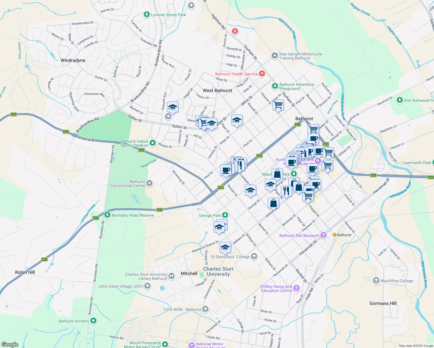 map of restaurants, bars, coffee shops, grocery stores, and more near 262 Rocket Street in Bathurst