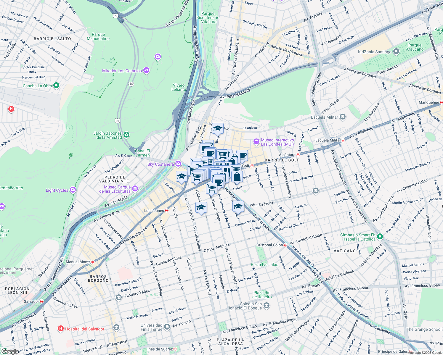 map of restaurants, bars, coffee shops, grocery stores, and more near 2827 Avenida Apoquindo in Las Condes
