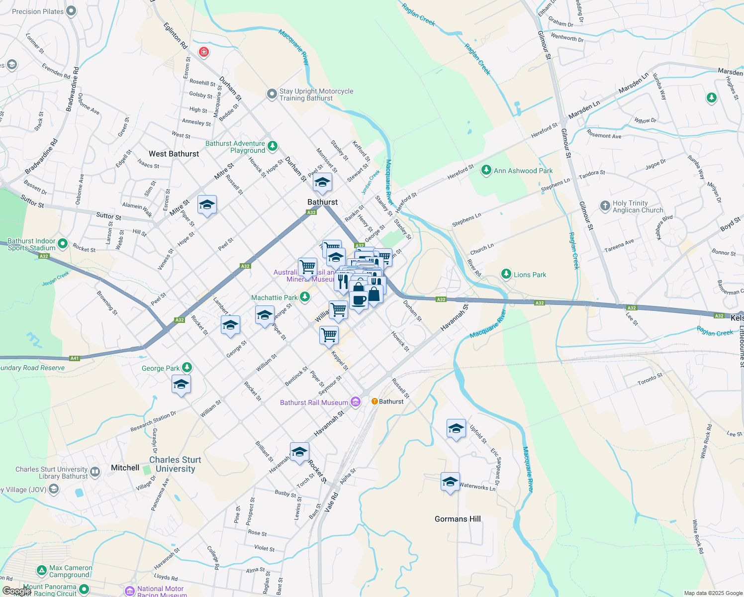 map of restaurants, bars, coffee shops, grocery stores, and more near 123 Howick Street in Bathurst