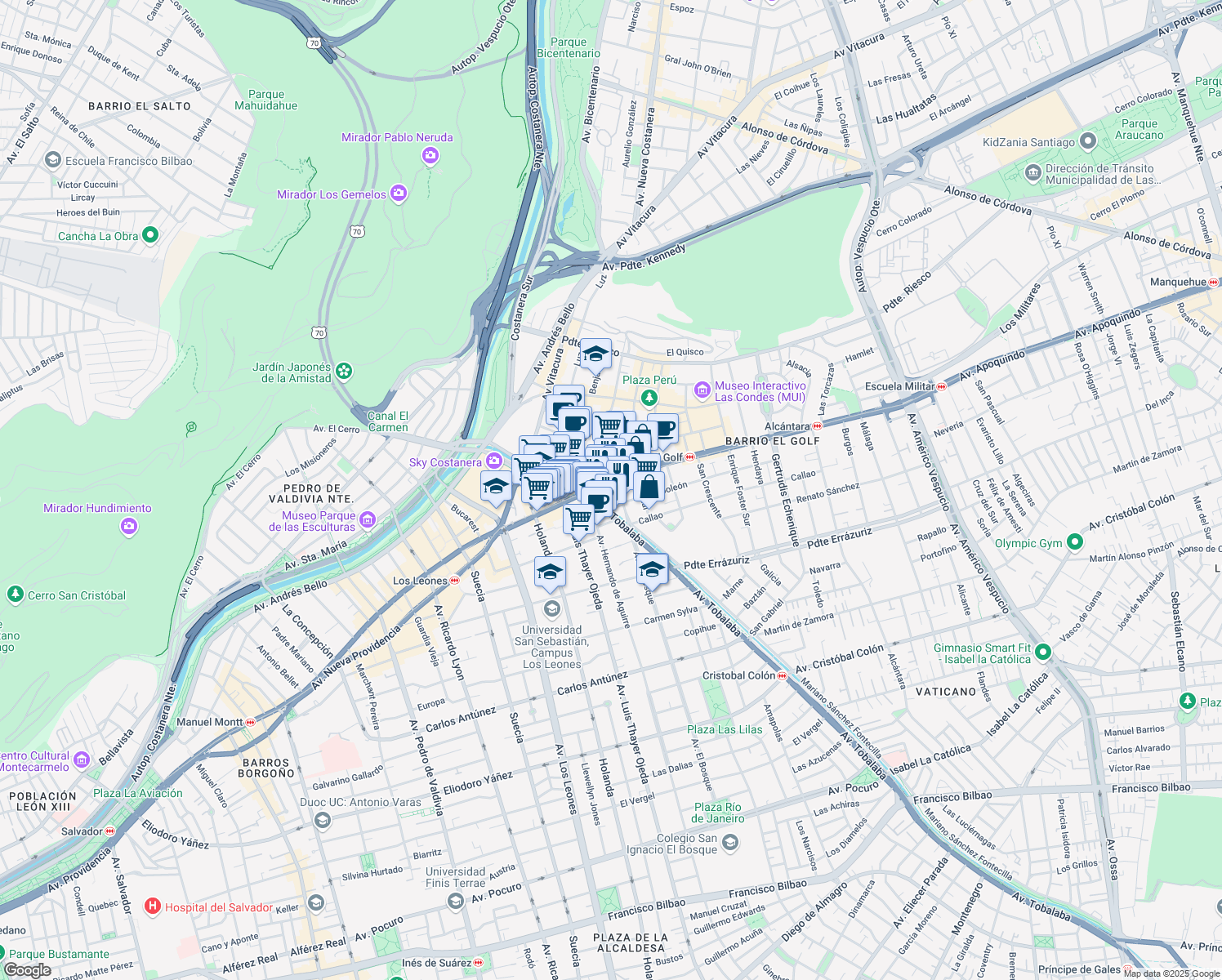 map of restaurants, bars, coffee shops, grocery stores, and more near 2827 Avenida Apoquindo in Las Condes