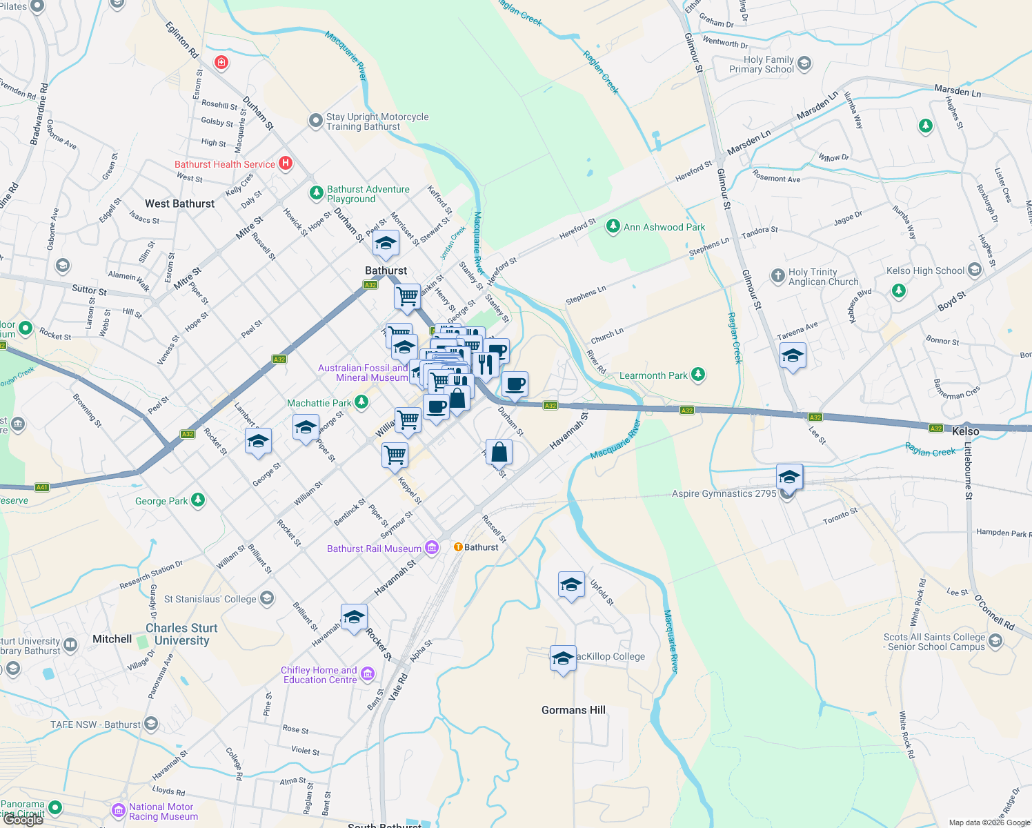 map of restaurants, bars, coffee shops, grocery stores, and more near 1 Kendall Avenue in Bathurst